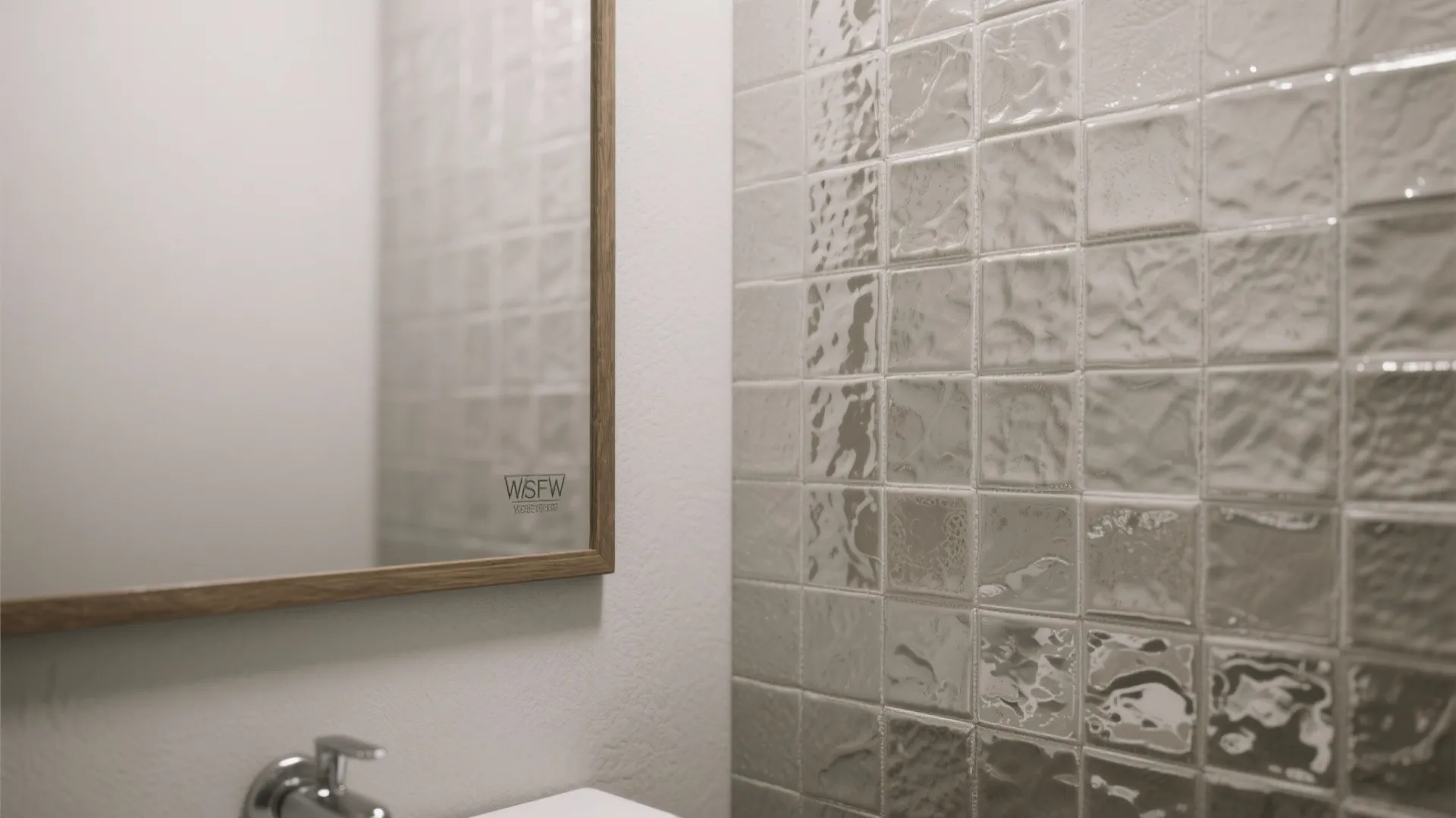 Close up of textured shiny wall tiles next to a wooden mirror and silver sink