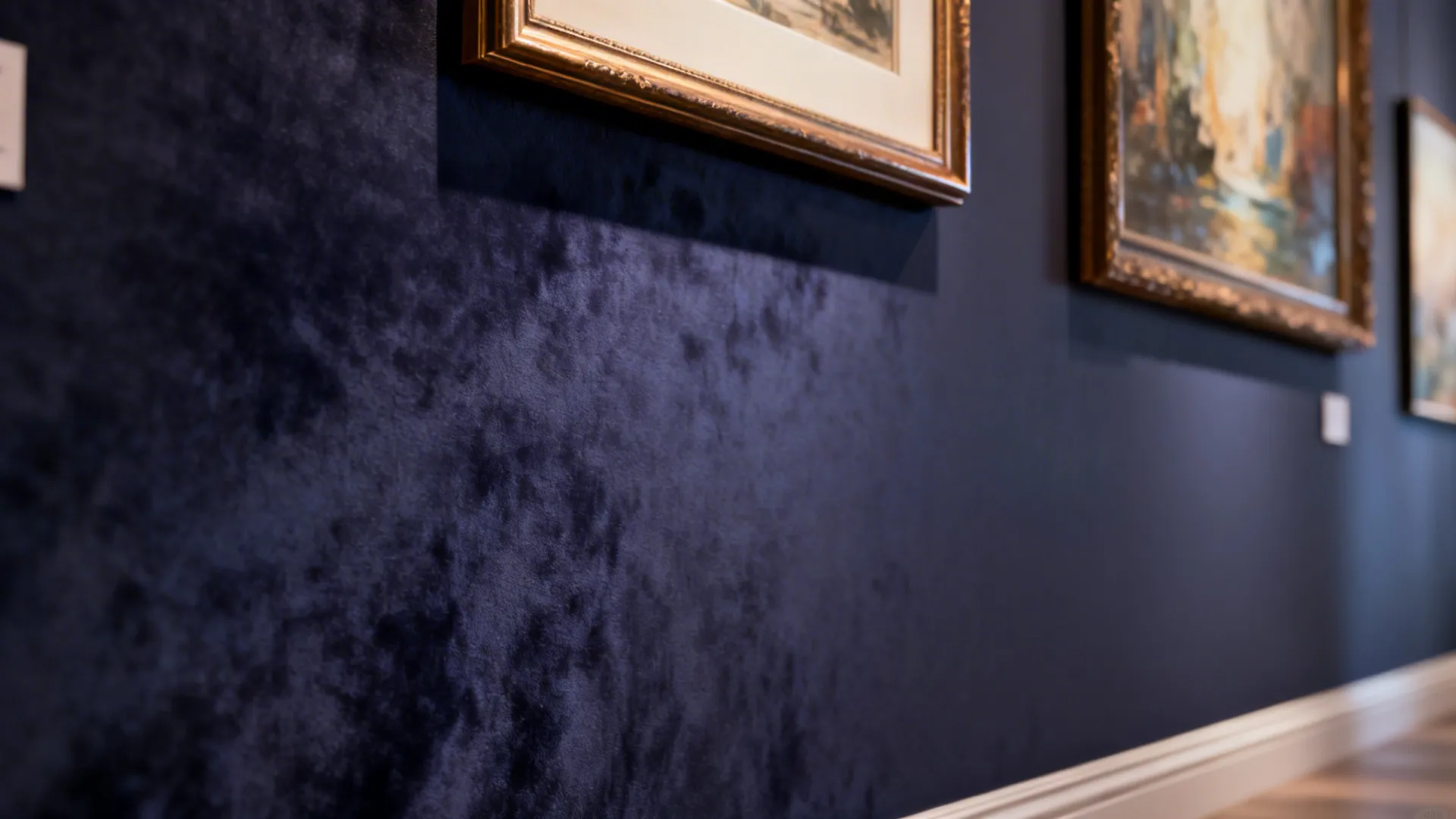 Close-up of a matte painted wall with rich texture and framed artwork