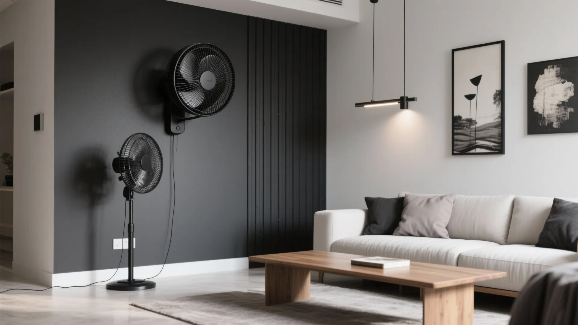 Minimalist living room with a matte black wall-mounted fan blending into a charcoal feature wall.