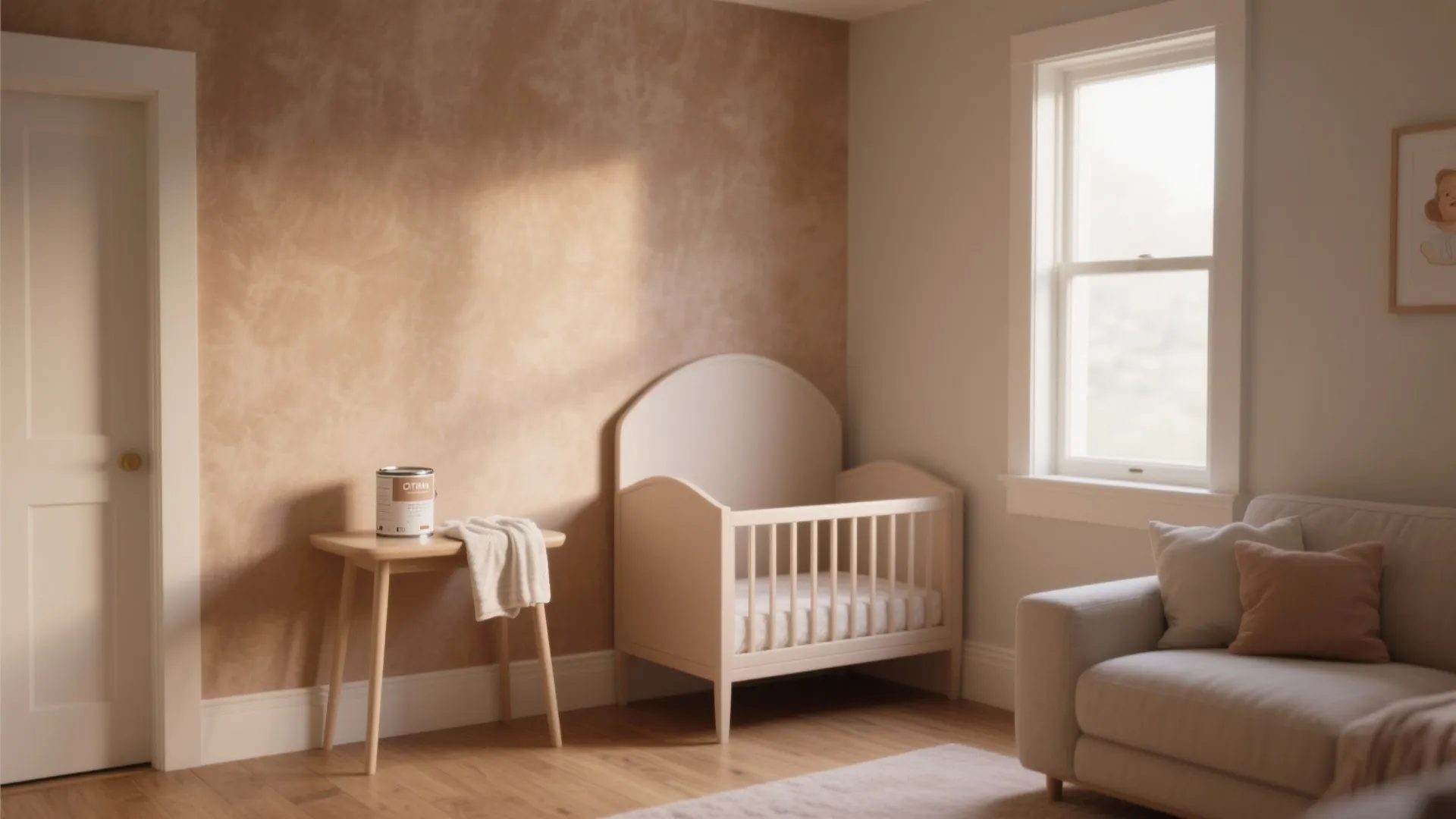 Nursery room featuring peach textured wall white baby crib wooden table and comfortable cream sofa