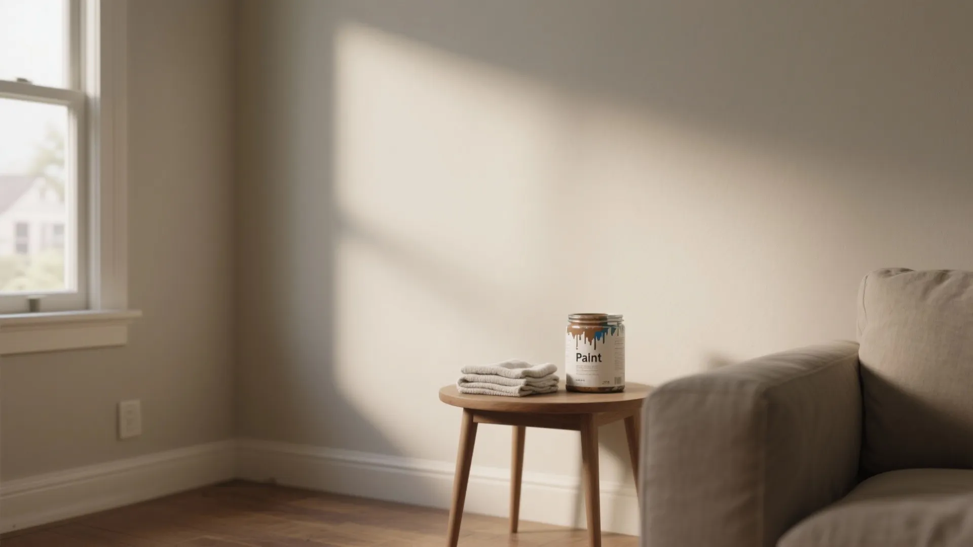 Beige living room interior design with paint can on side table near window and sofa