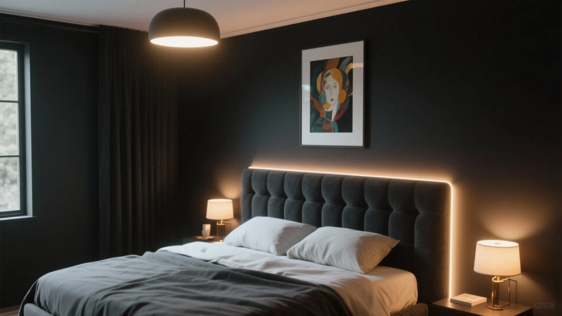 Modern dark bedroom with black headboard back lighting white pillows and black ceiling light fixture