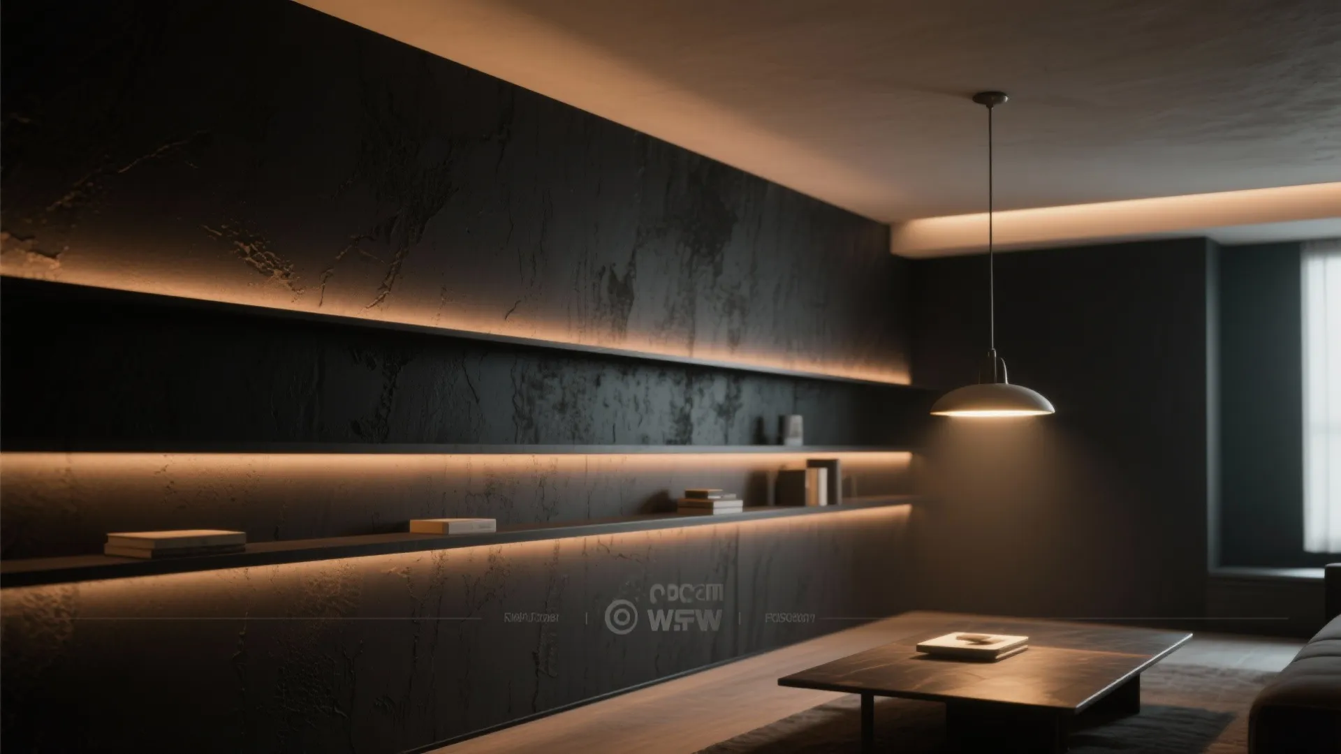 Modern dark living room featuring textured wall panels with hidden lights and a ceiling light