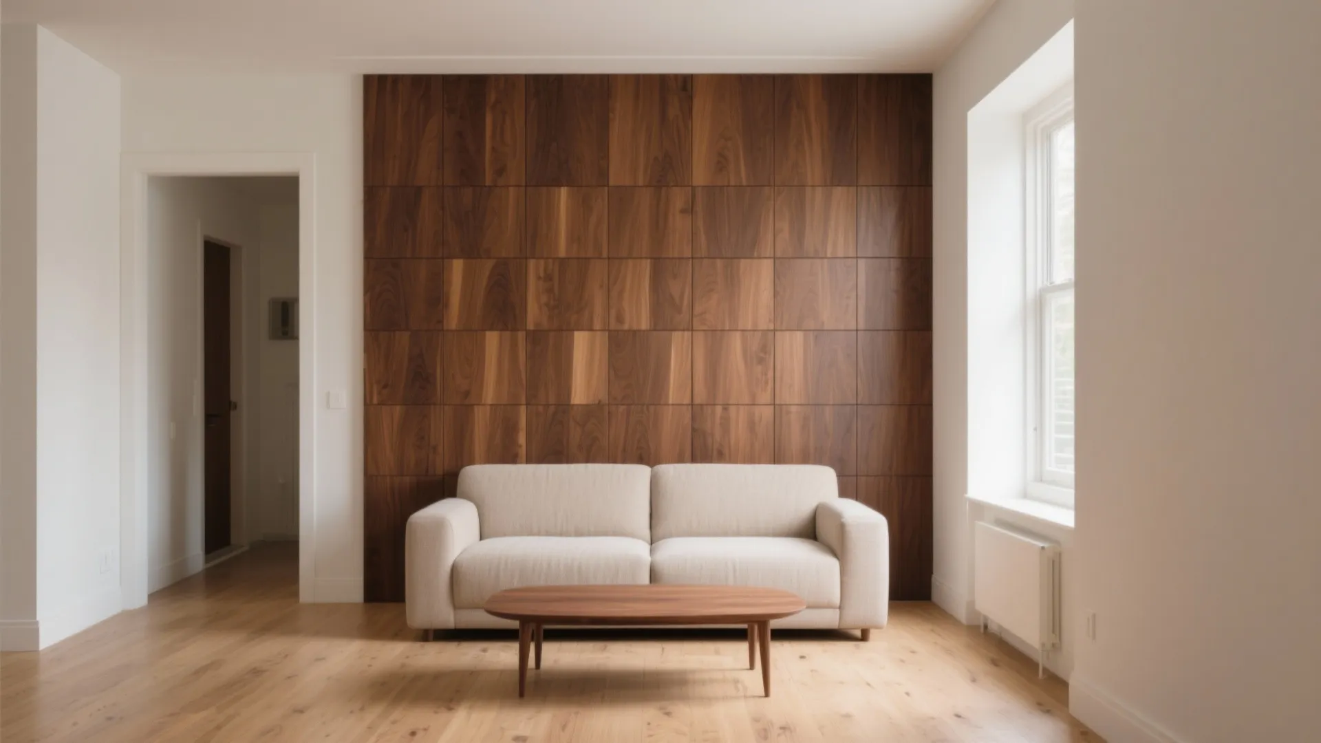 Minimalist living room with a walnut wood wall panel, cream sofa, and wooden coffee table