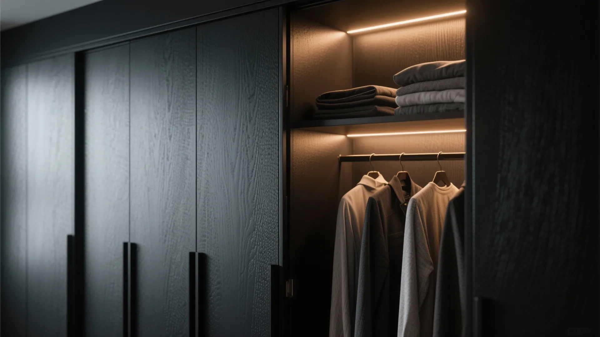 2. Matte Black Wardrobe with Integrated Lighting