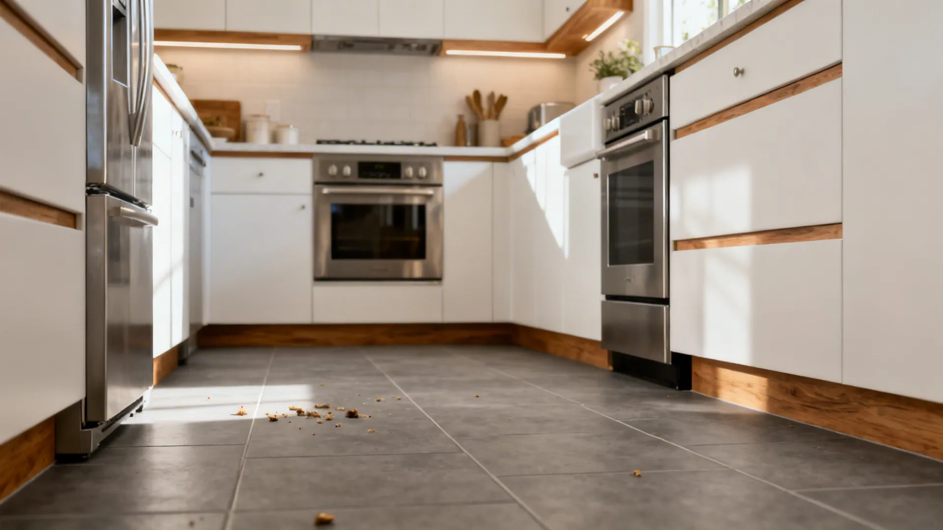 Galley kitchen with warm mid-grey matte porcelain floor tiles and white cabinets.