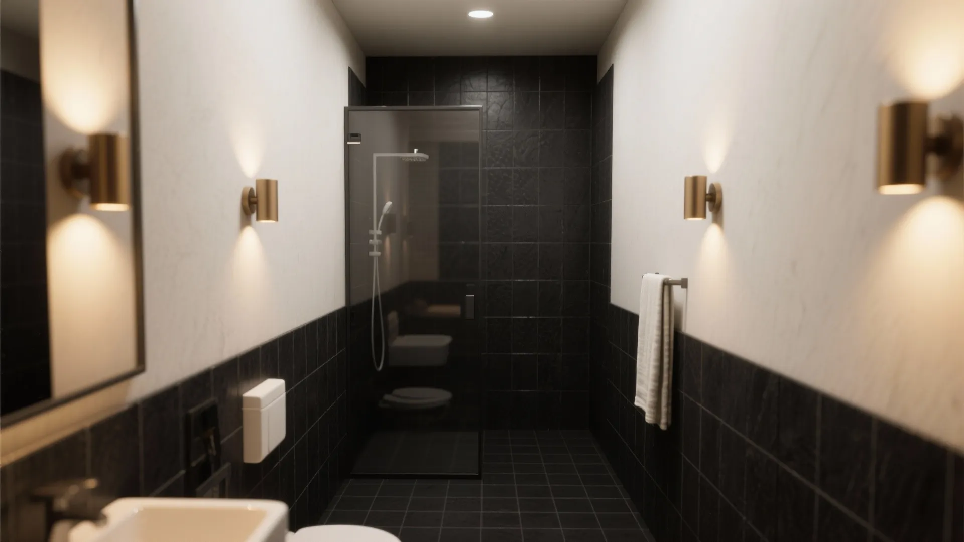 Matte Black Tiles with Warm Lighting