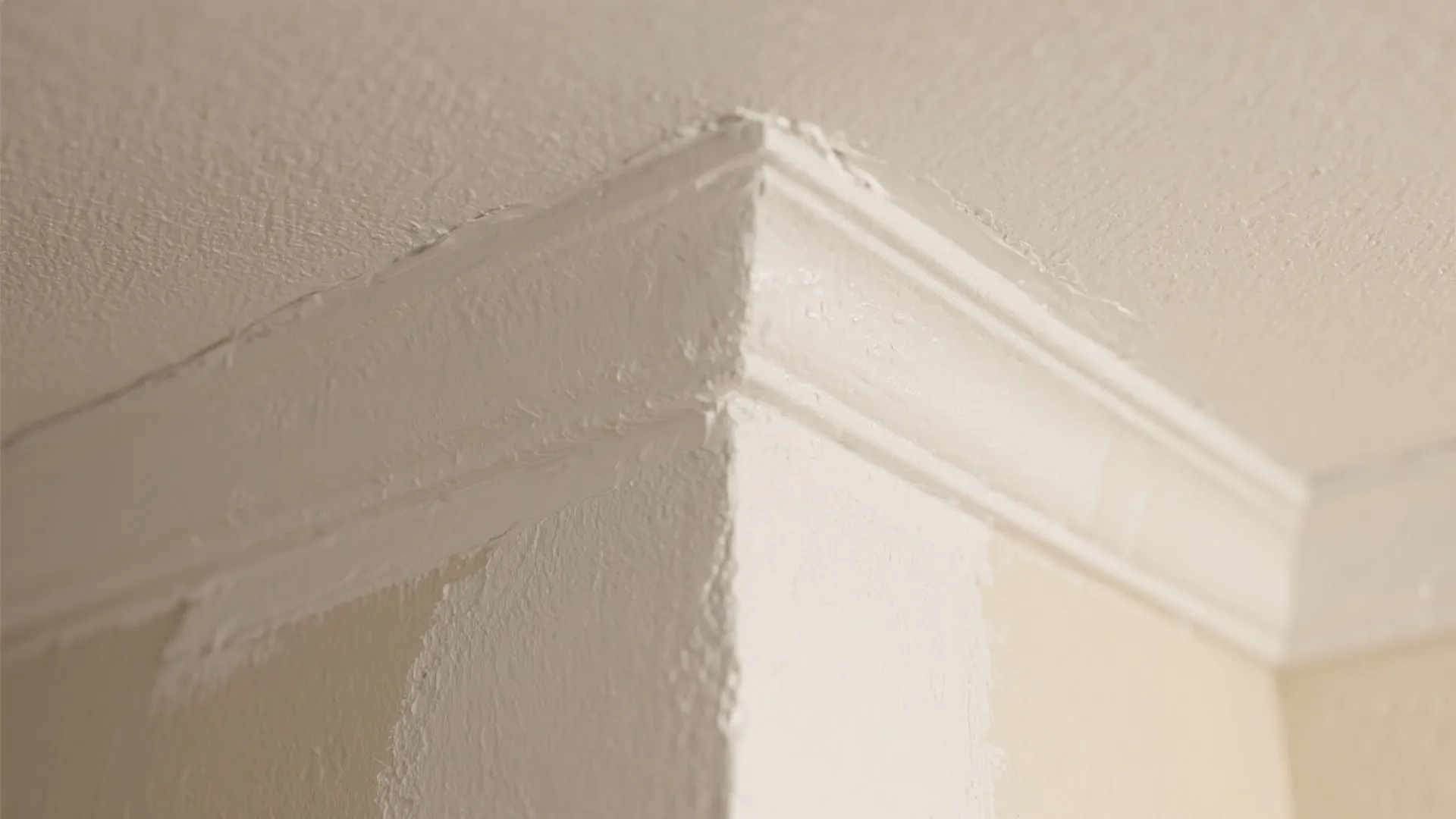 Close up of white paint applied to a ceiling corner with simple decorative wall panel