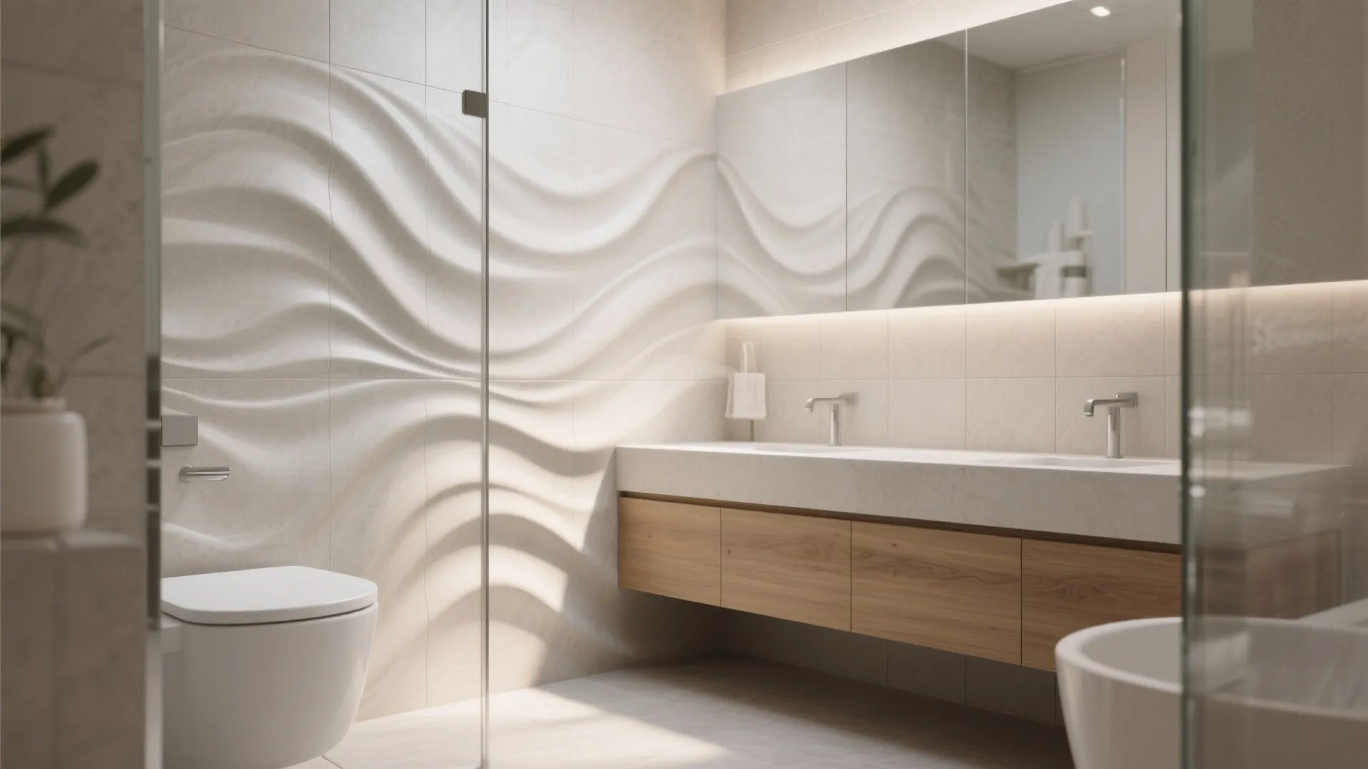 Modern bathroom with wavy wall panels wooden cabinet double sinks large mirror and white toilet