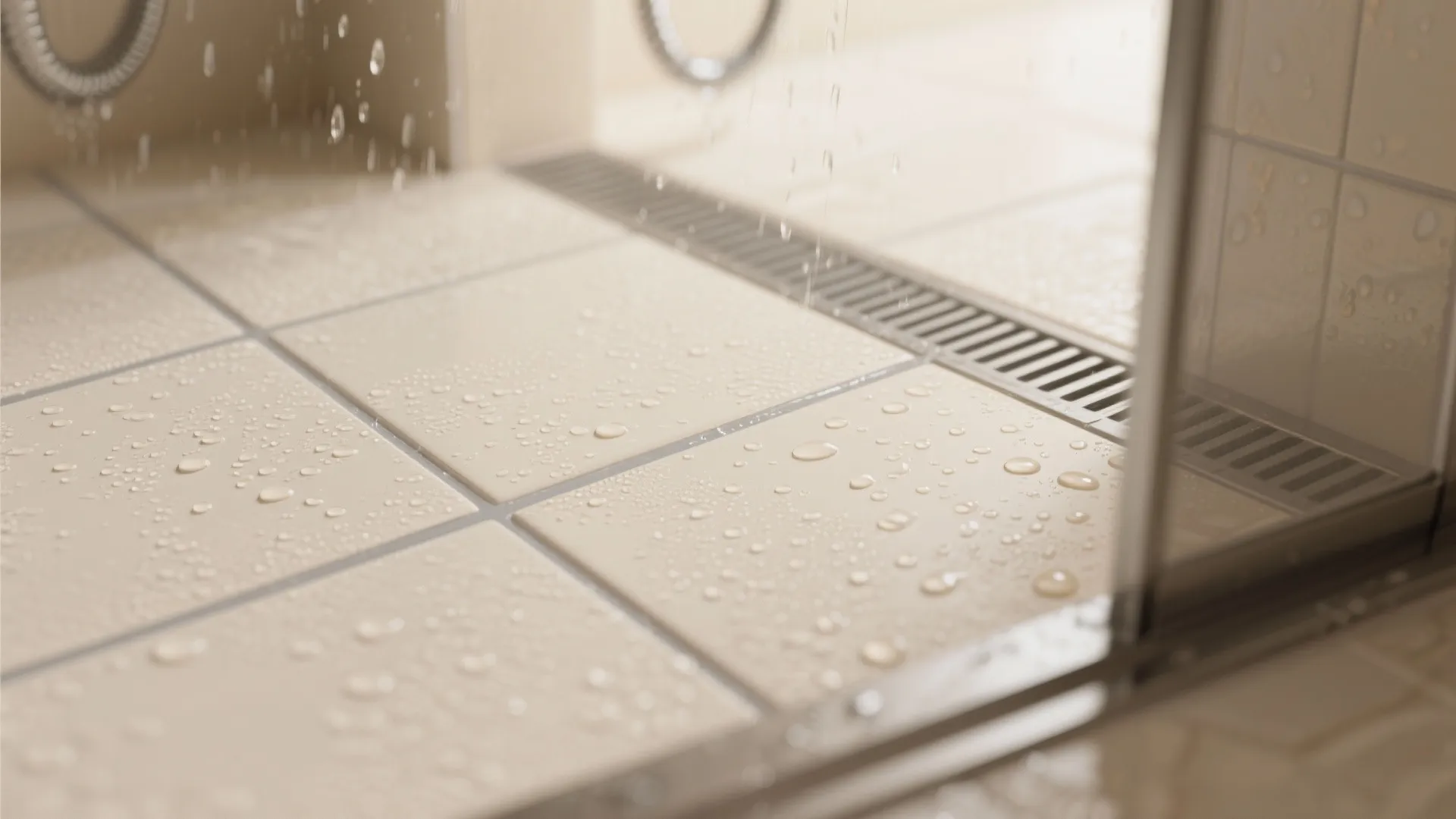 Close up view of wet cream floor tiles with water drops and a metal drain
