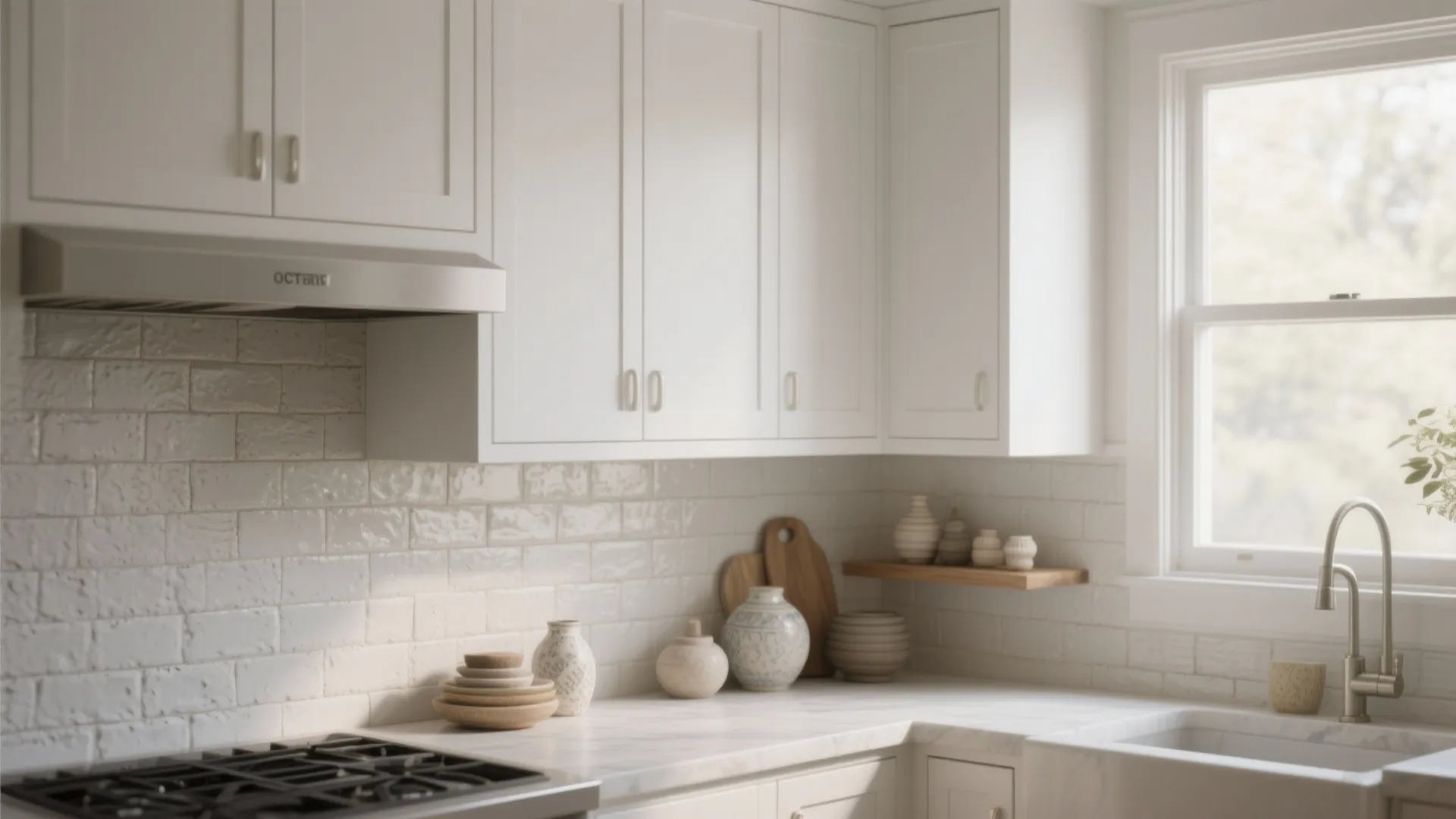 2. Matte White Cabinets + Textured Backsplash