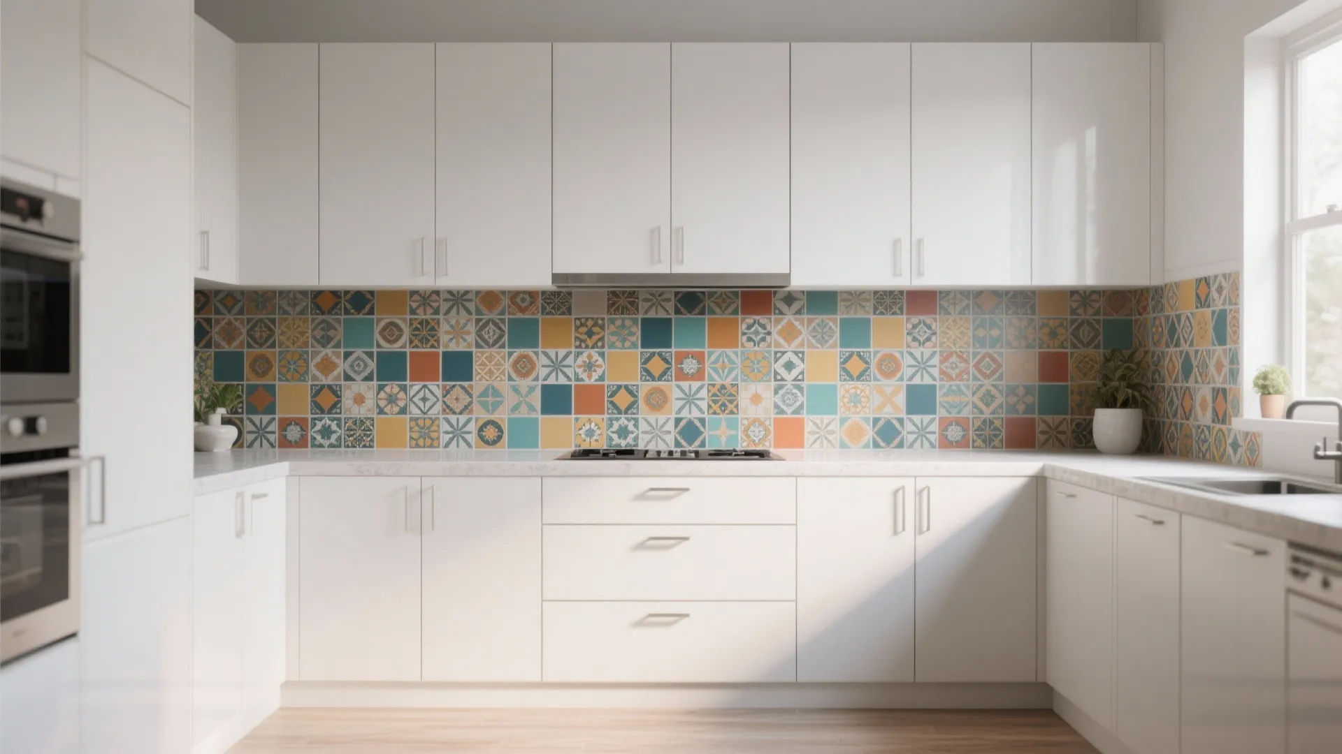 5. Matte White and Bold Backsplash Pairing