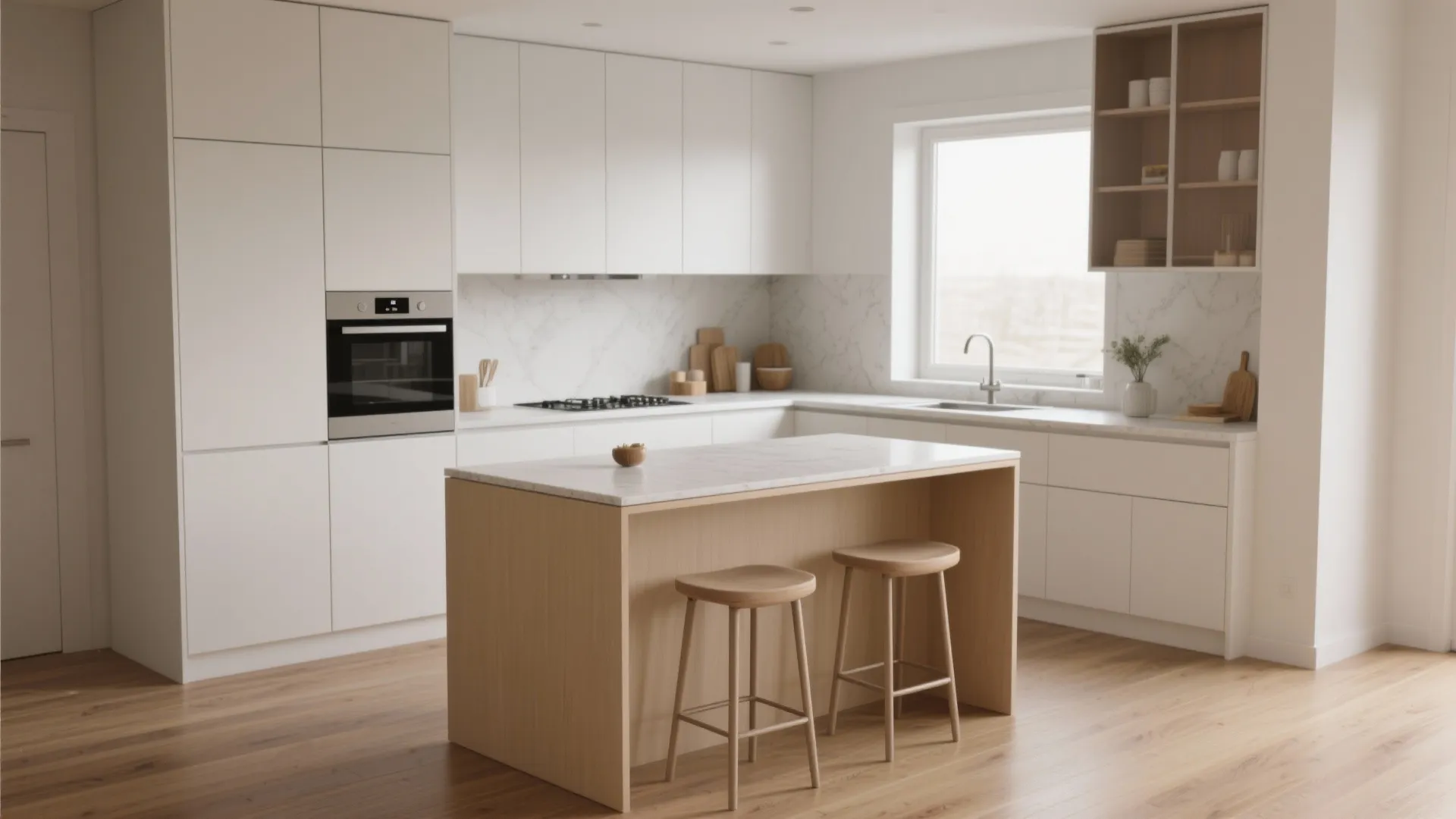 Compact kitchen with matte white cabinets and a warm beige island serving as seating area.