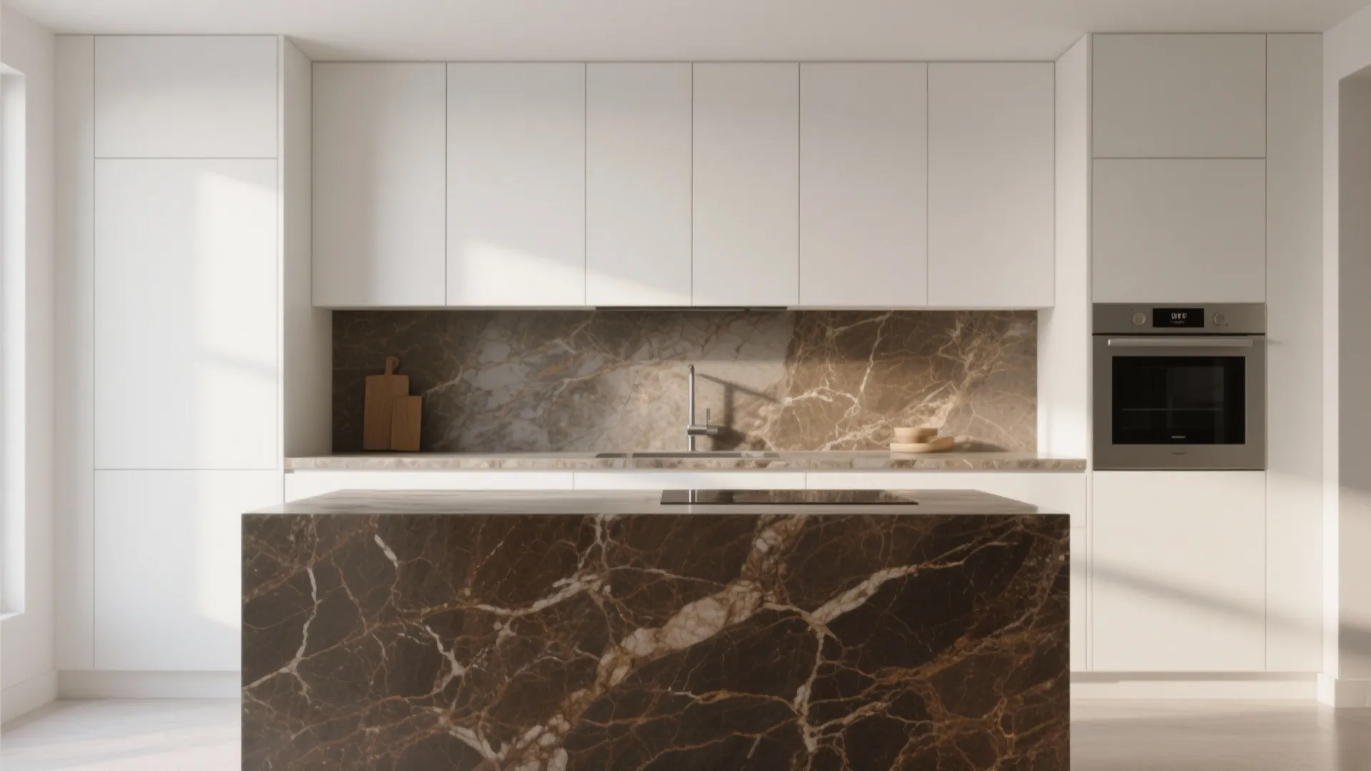 Modern kitchen with white cabinets, dark brown marble island, matching backsplash, built-in oven and sunlight