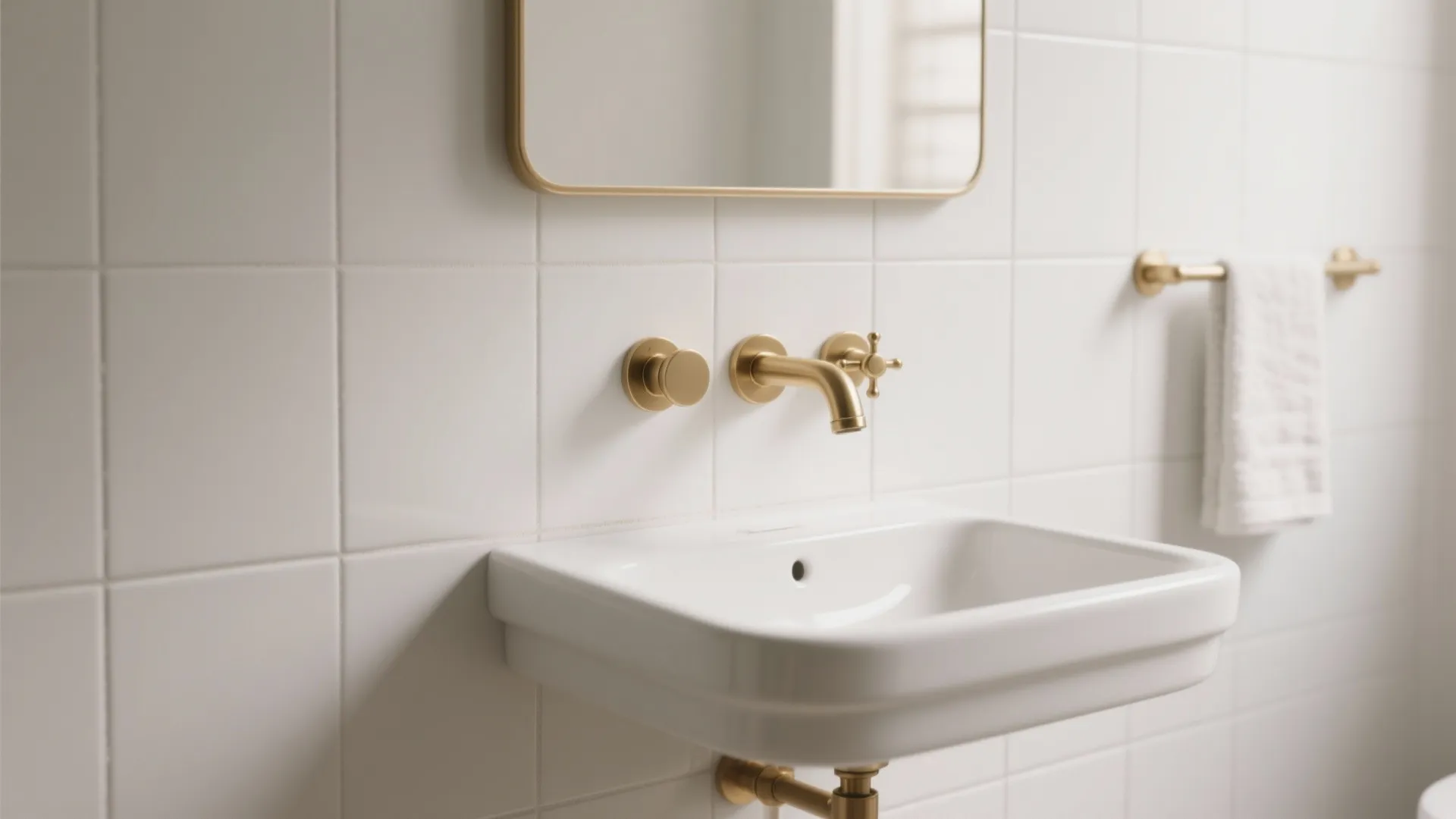 Modern bathroom with white tiles gold water tap white sink and a white hand towel