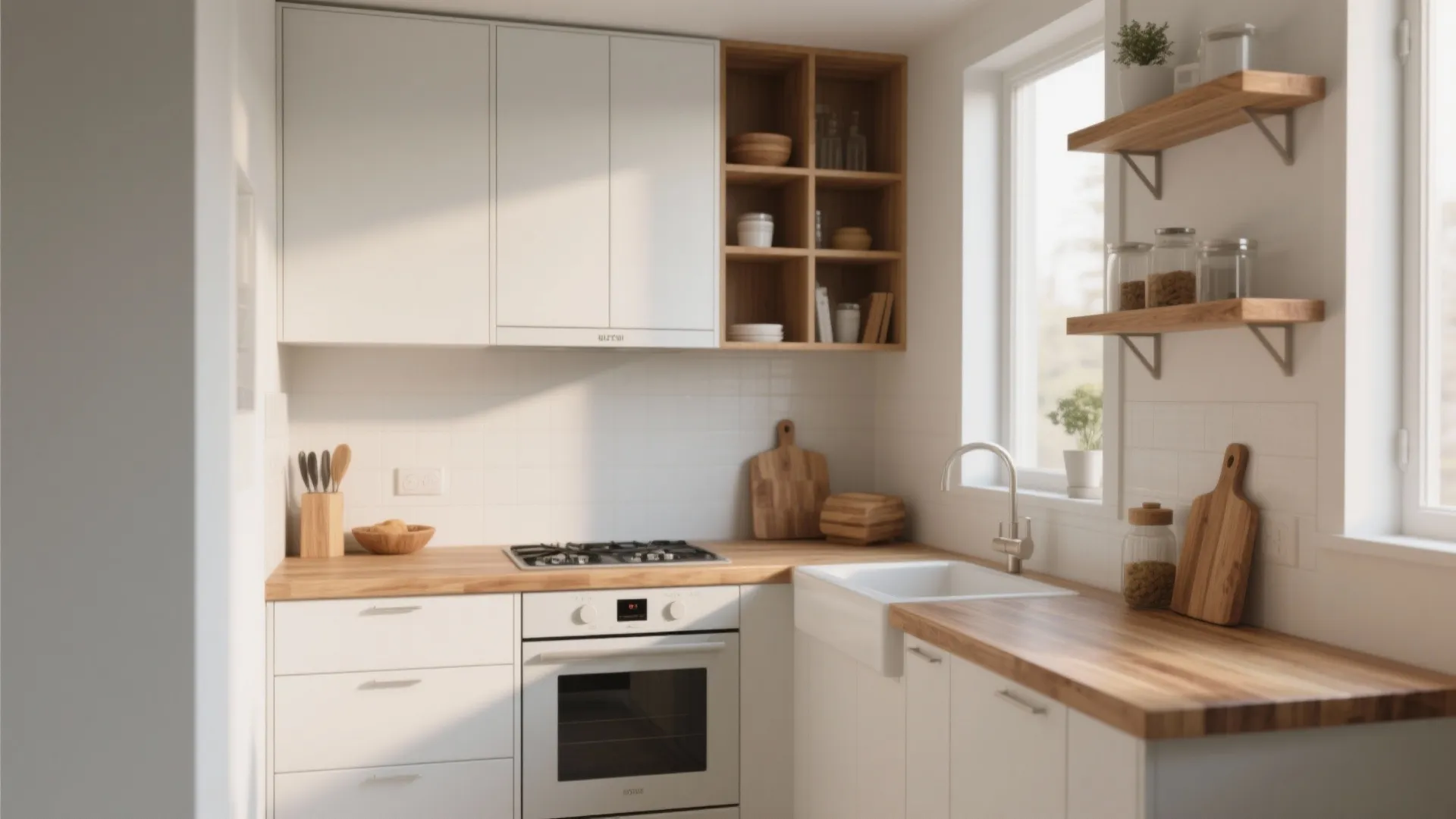 Small kitchen with white cabinets wooden countertop white oven sink and open wood wall shelves