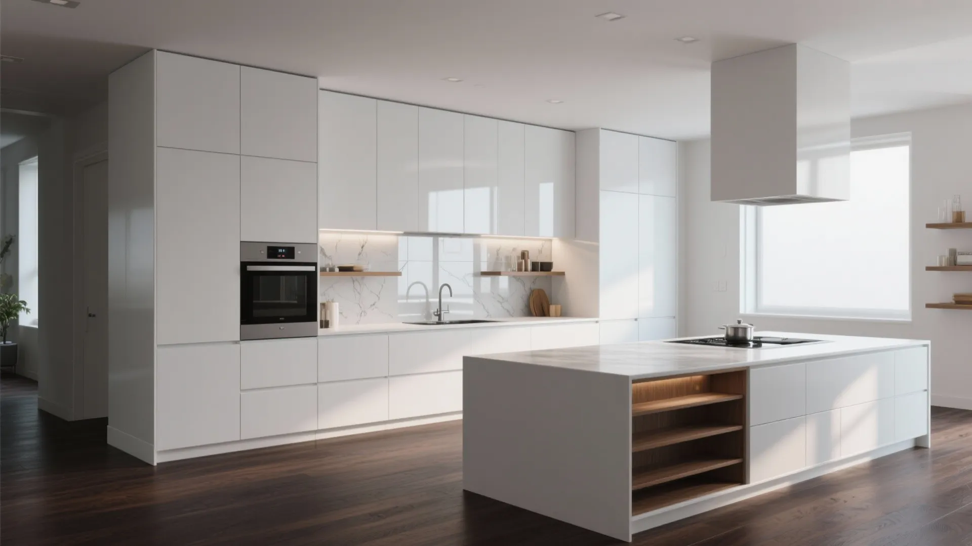 Modern minimalist white kitchen with dark wood floor large kitchen island and integrated wall oven