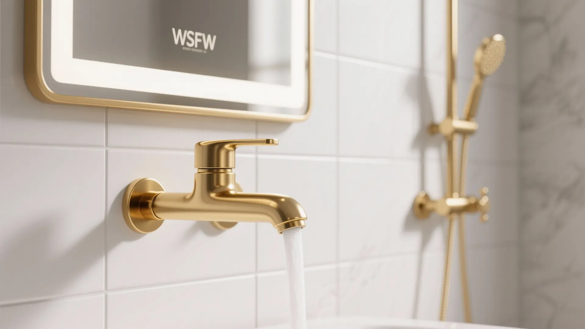 Close up of gold water tap with running water in a bright white tiled bathroom