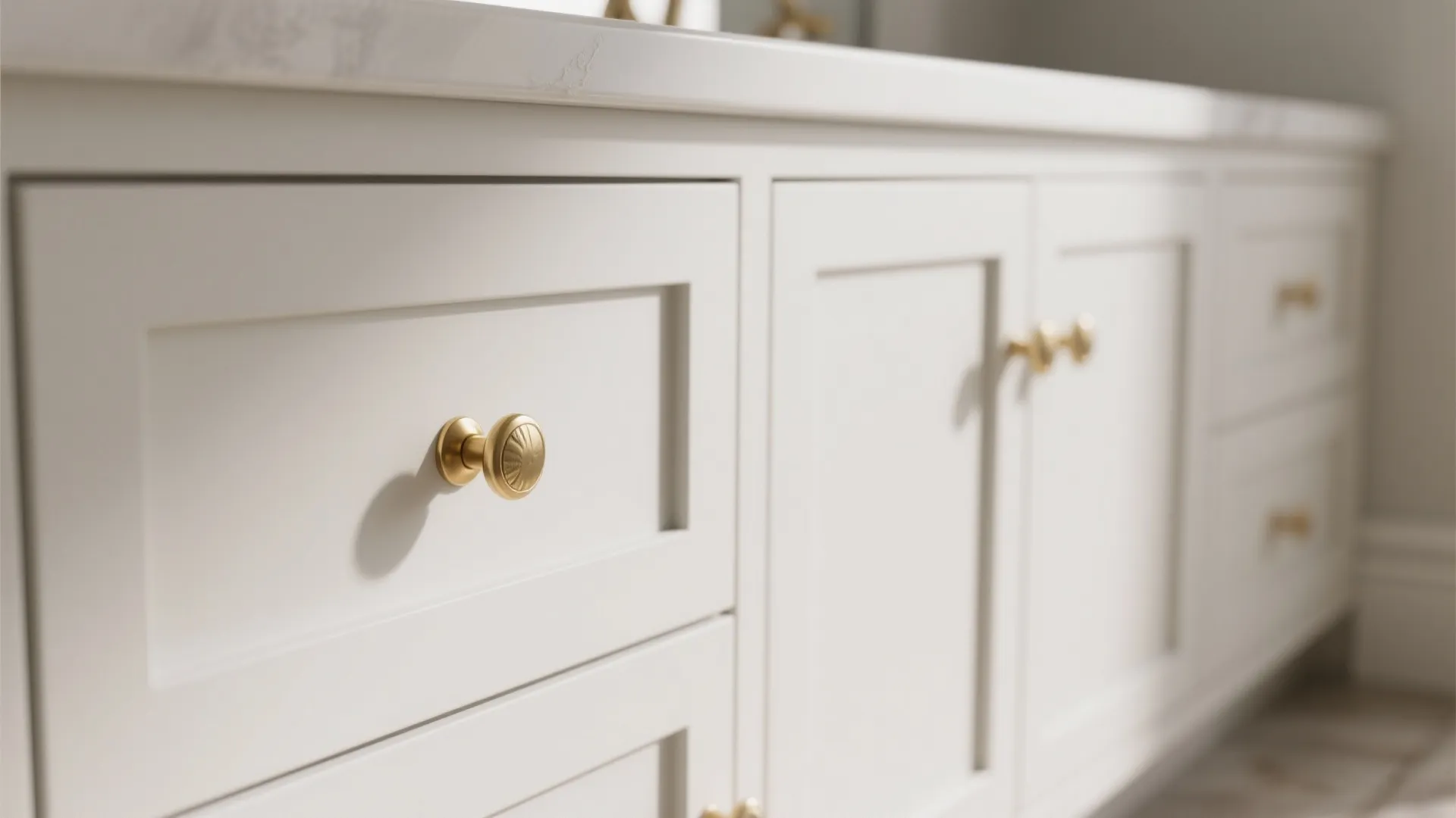 3. Matte White Cabinets with Gold Hardware