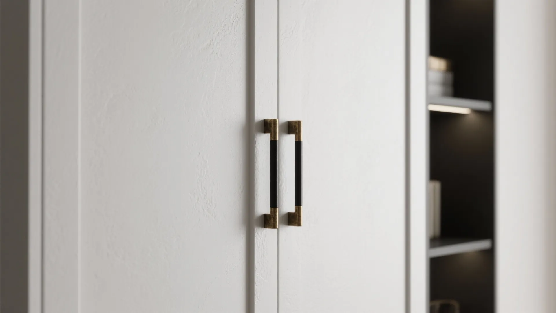 2. Matte white cabinets with dark hardware for contrast