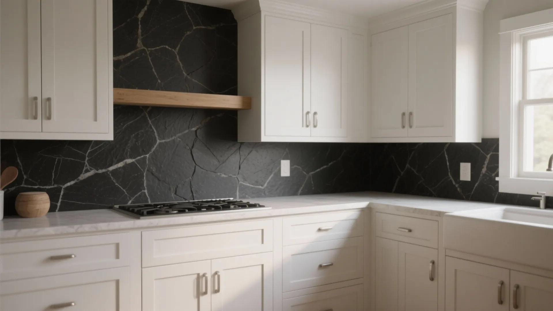 Matte white shaker cabinets with a honed black stone backsplash under soft daylight, showing texture