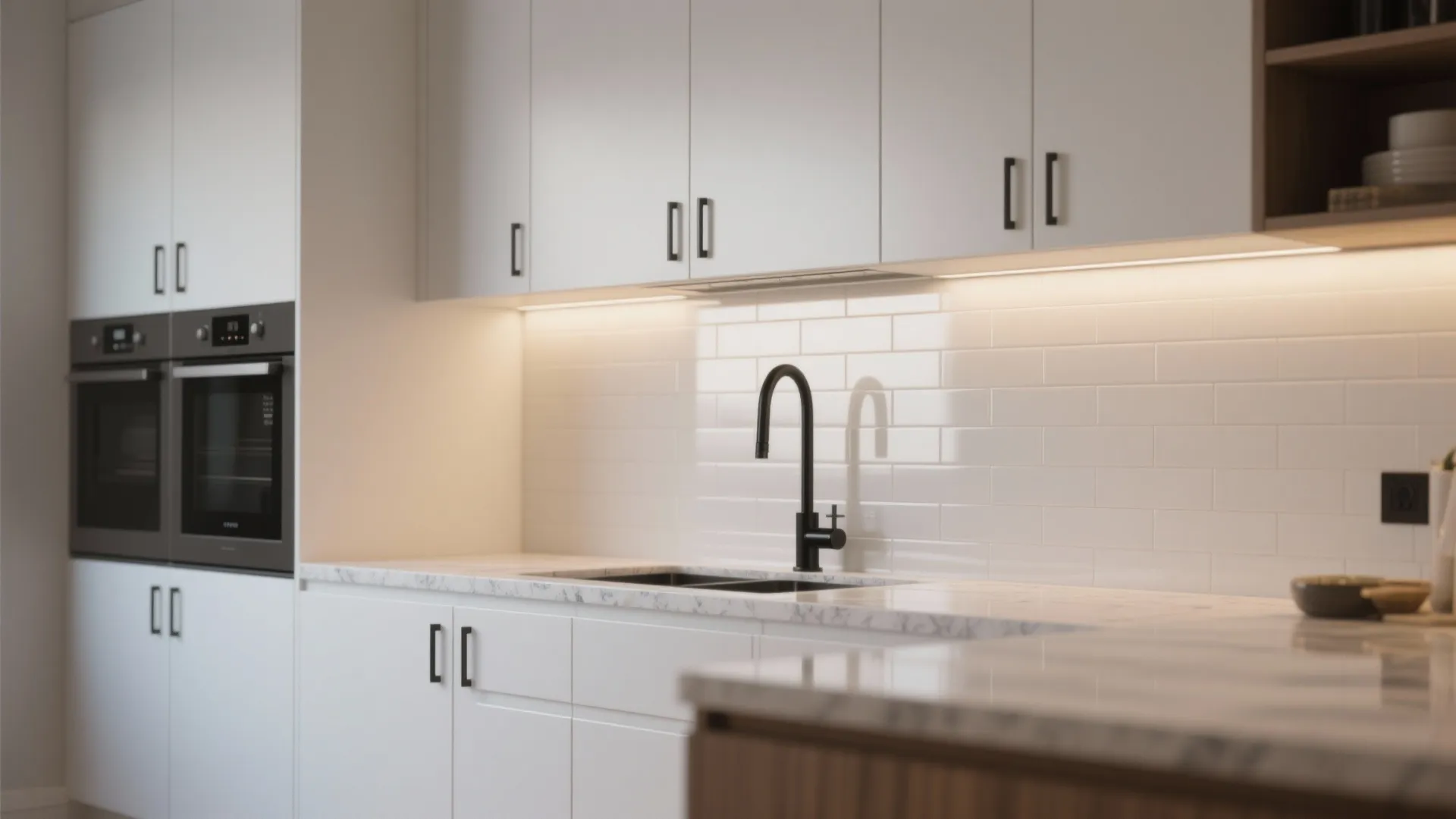 Modern kitchen featuring matte white cabinets, black water tap, marble countertop, and built in ovens
