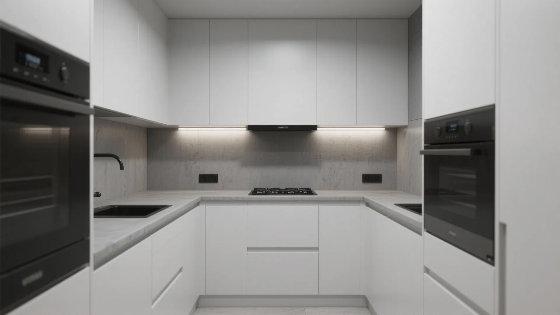 2. Matte white cabinets with mid-grey walls for a modern, cozy vibe
