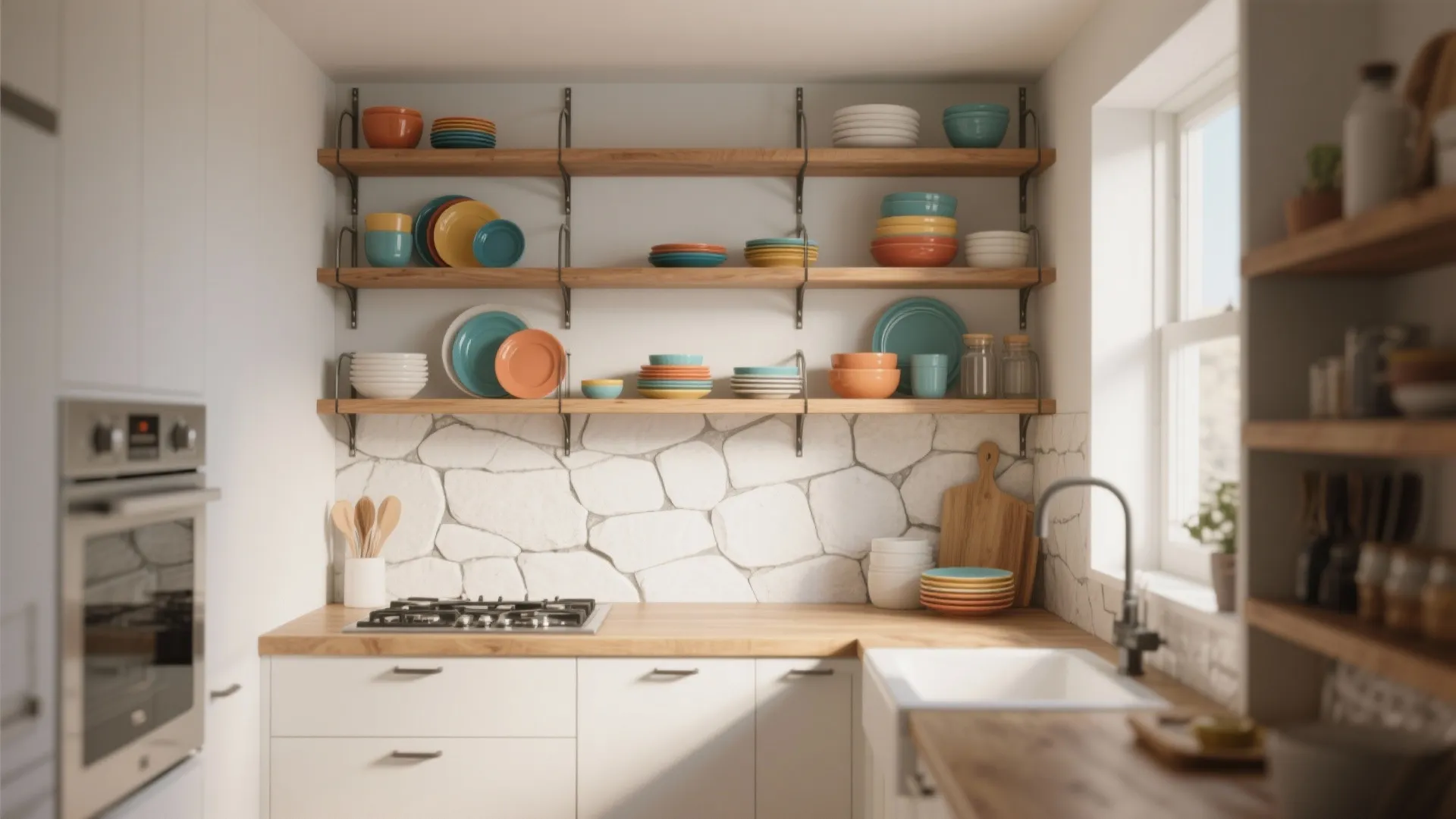 Modern kitchen with wooden open shelves holding colorful plates and bowls against white stone wall background