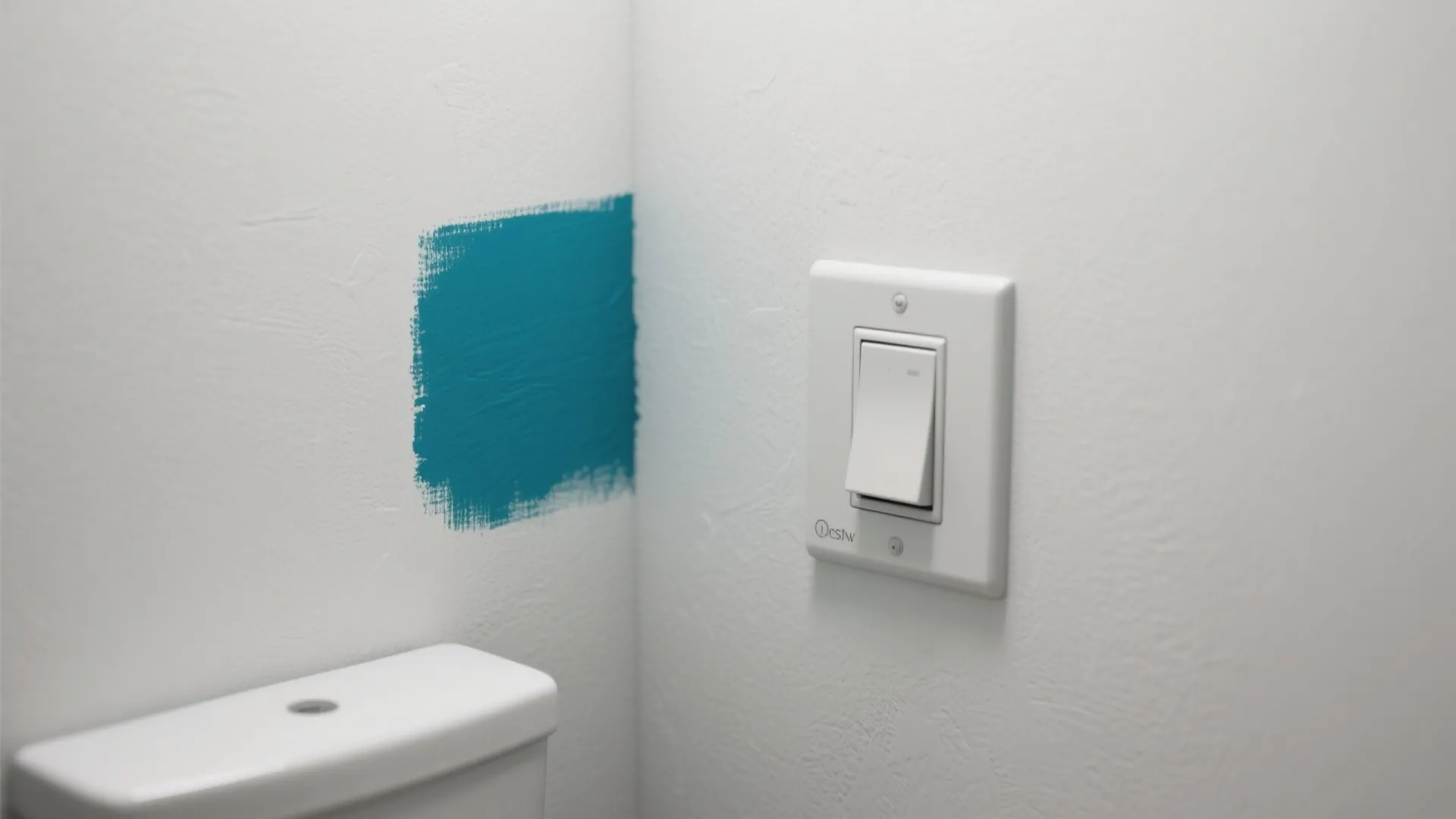 Close up view of white wall with teal paint sample next to modern light switch