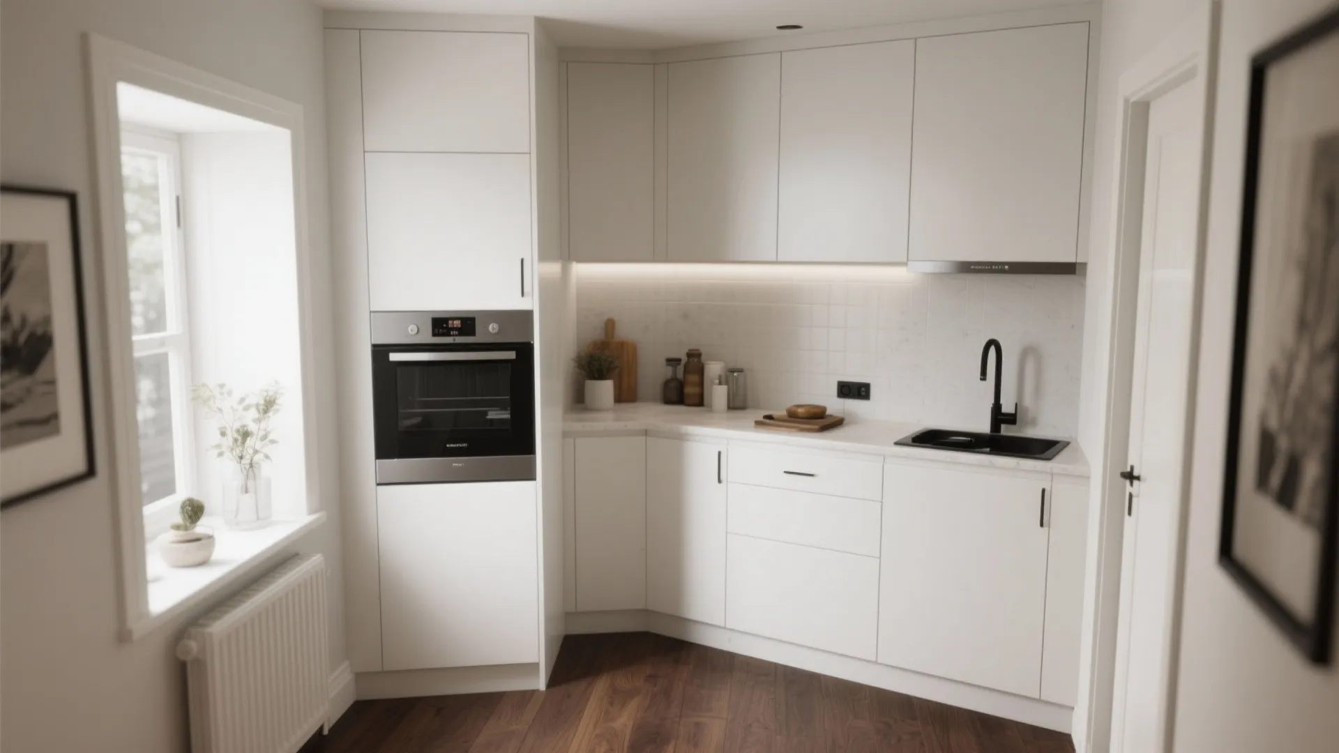 Minimalist white kitchen with built in oven black sink faucet and dark brown wood floor