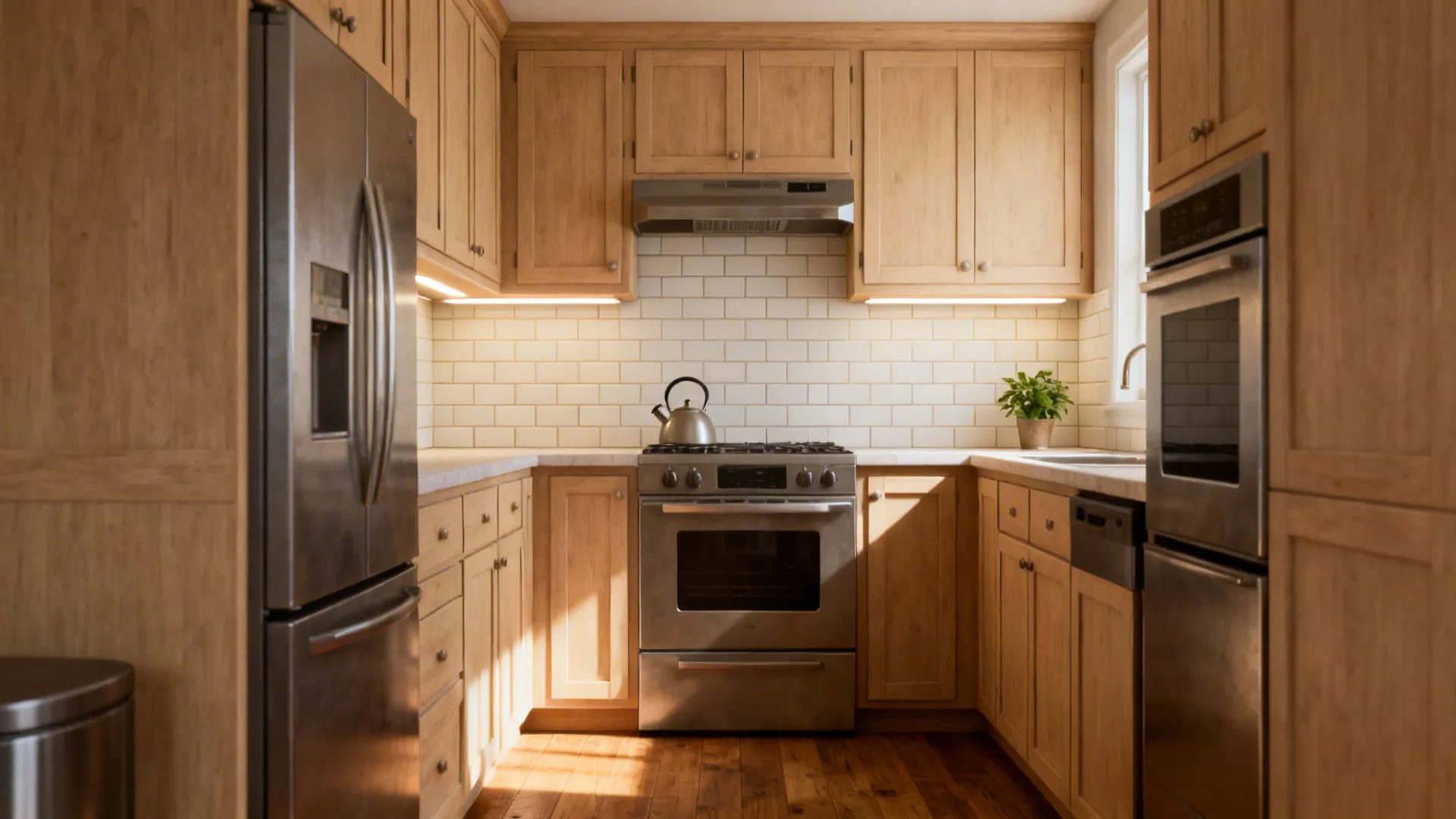 Maple Shaker cabinets paired with matte off-white subway tile in a calm galley kitchen.