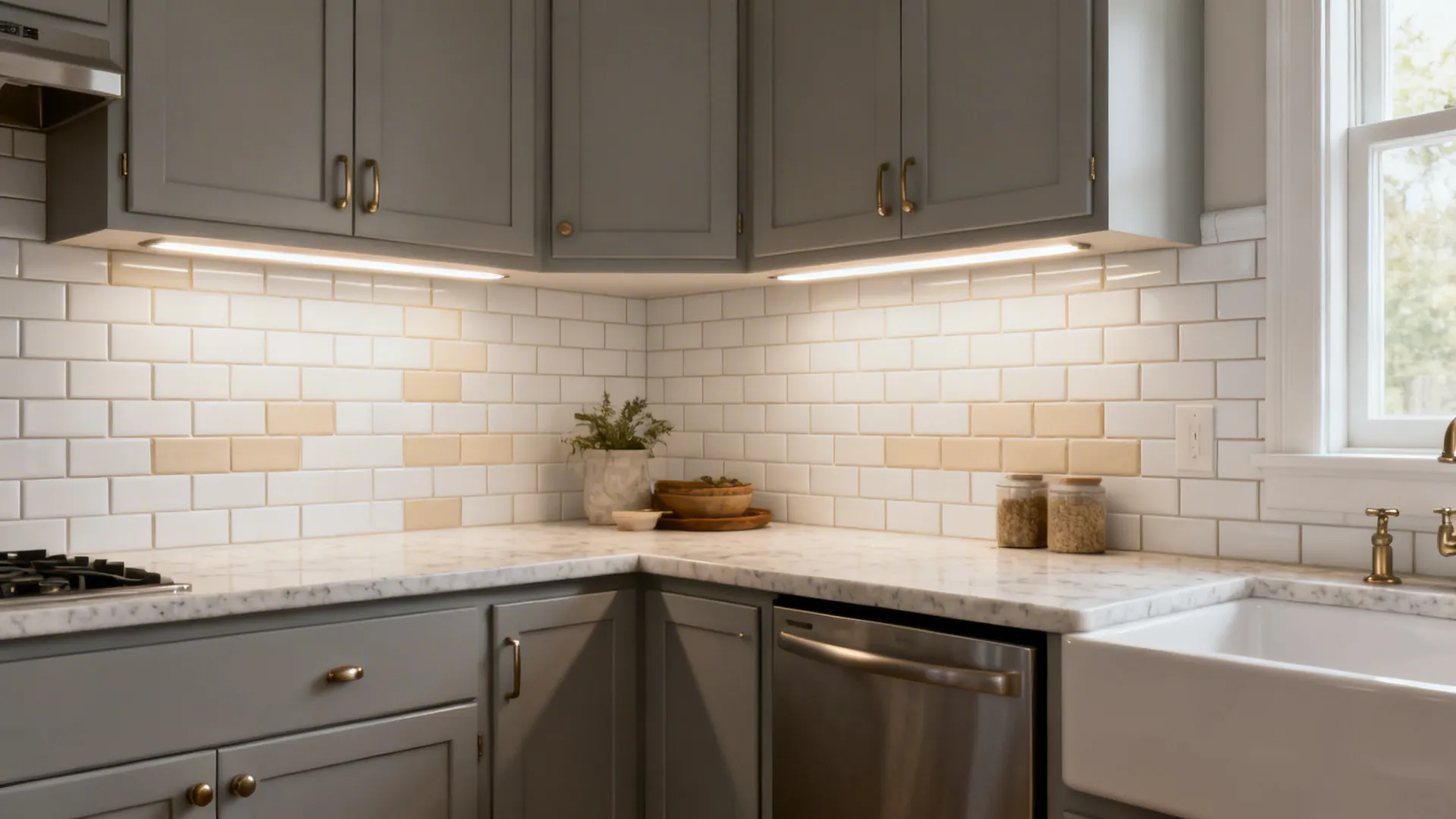 Dove-grey shaker cabinets with matte white subway tiles and warm beige grout.