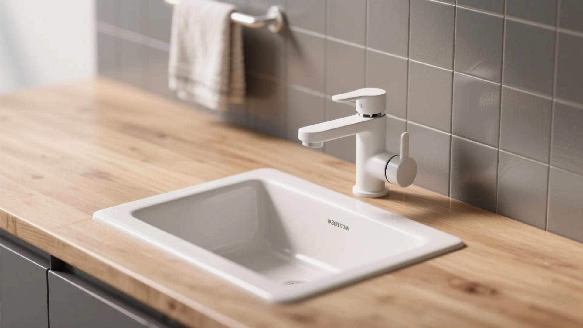 Matte white faucet and towel bar next to wood countertop and grey tiles