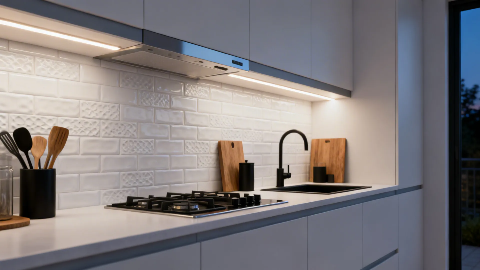 Matte white textured tiles with slim cool grey accents under warm LED lighting.