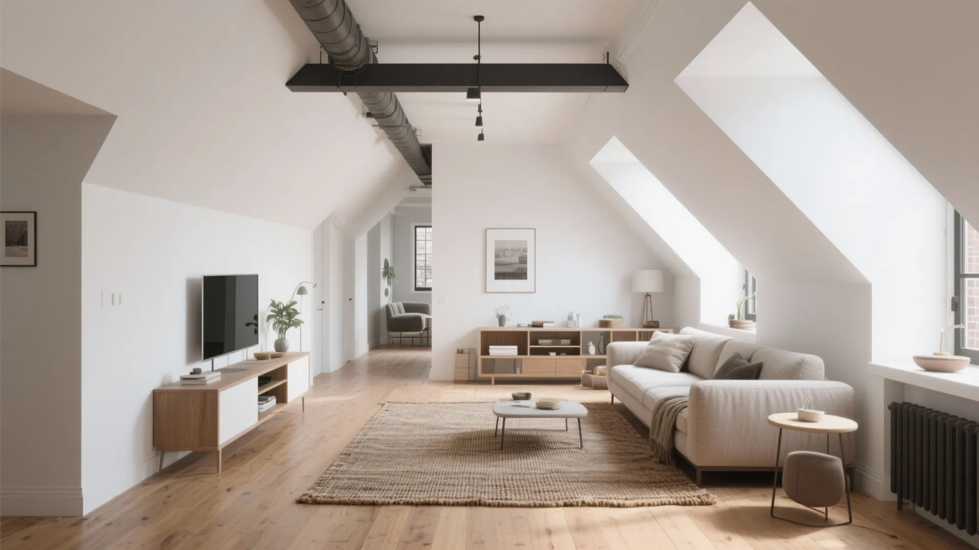 Matte white painted vaulted ceiling in a small city loft living room