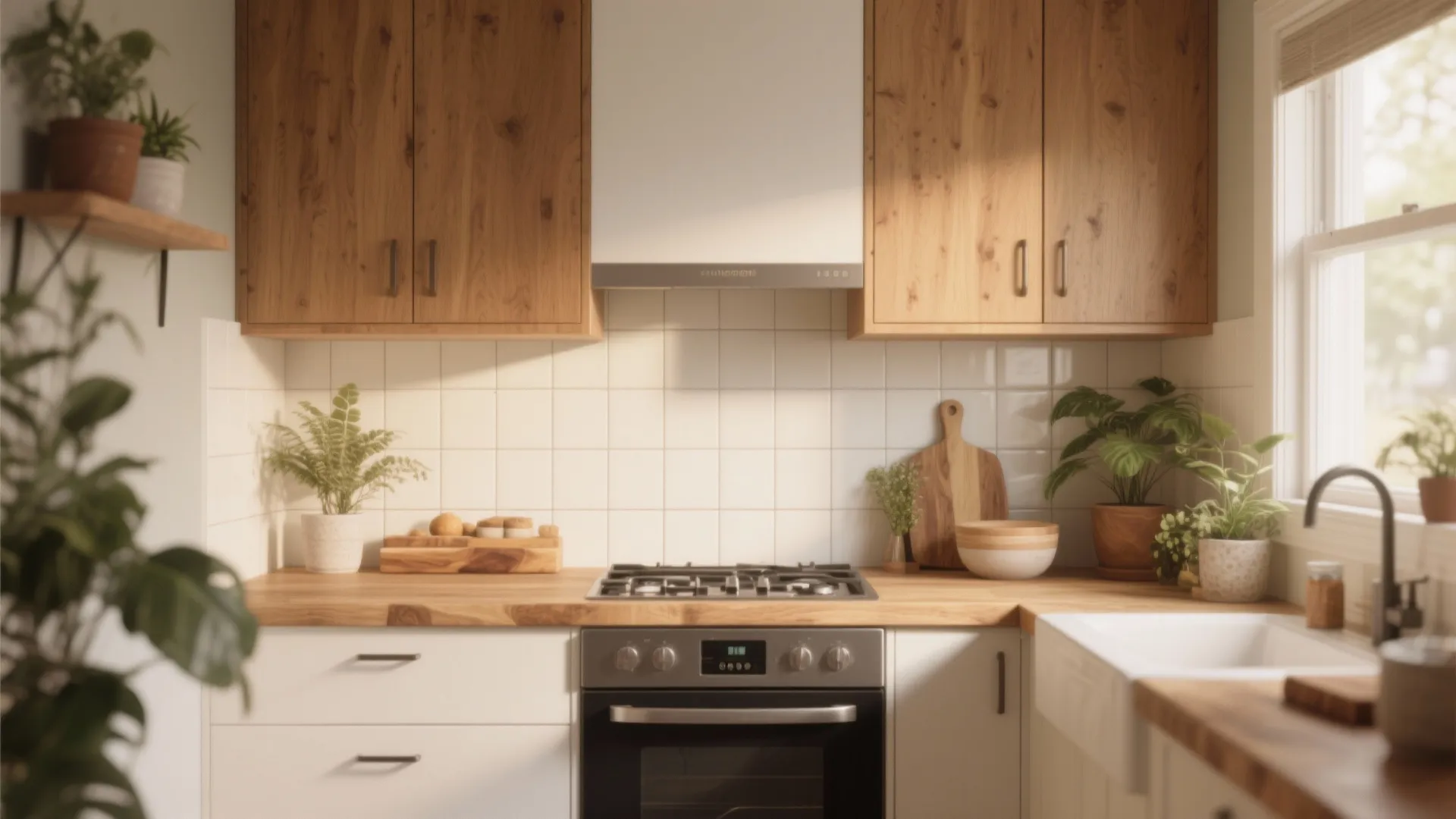 5. Matte White Tiles with Warm Wood Accents