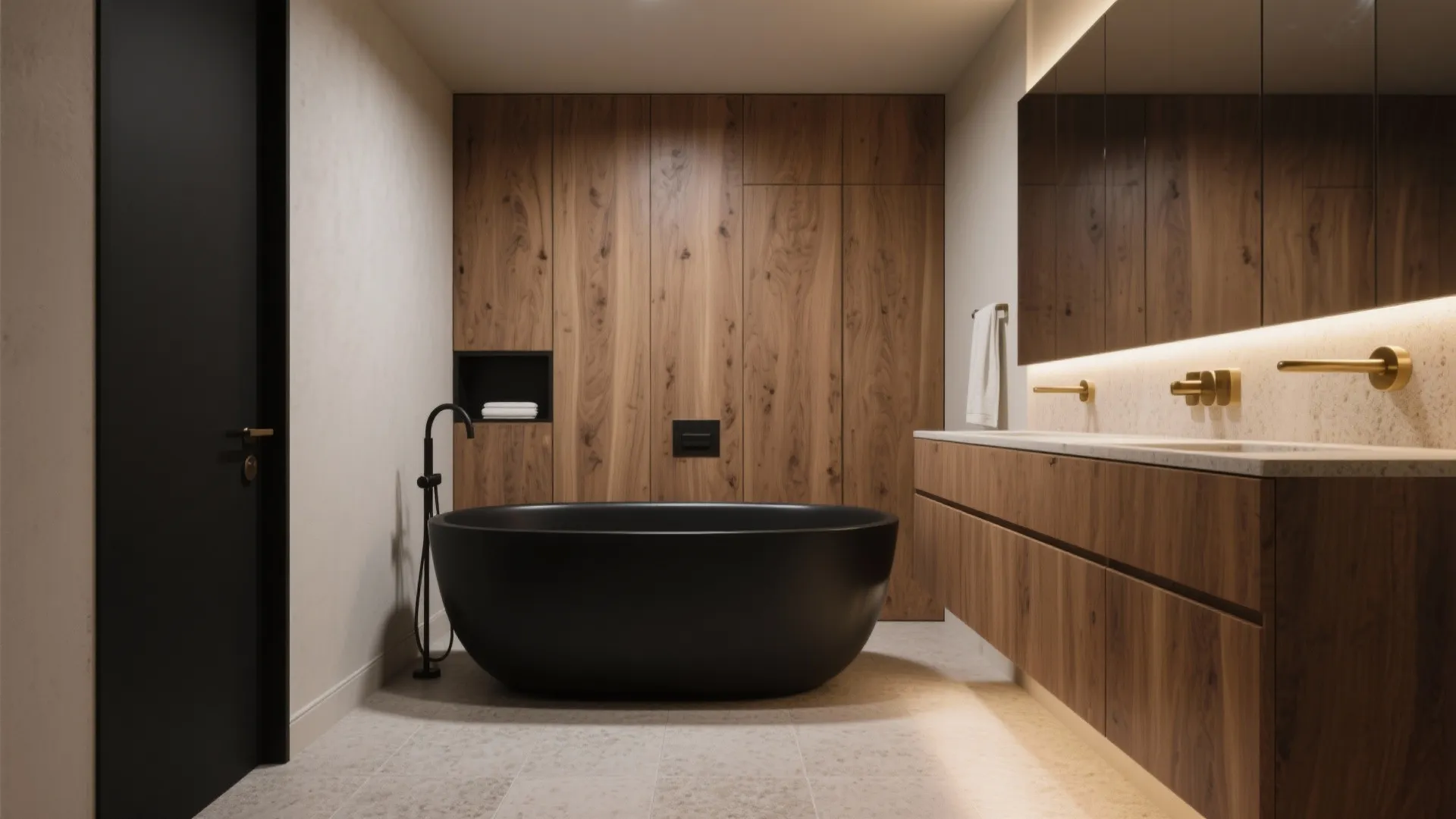 Modern bathroom featuring black bathtub wood wall panels wooden cabinet large mirror and gold water taps
