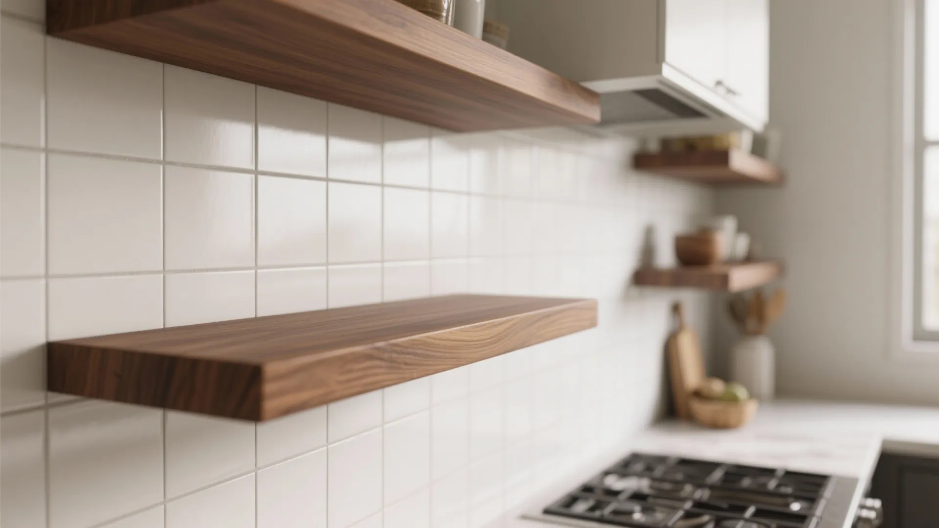 4. Matte White Tiles Paired with Wood Accents