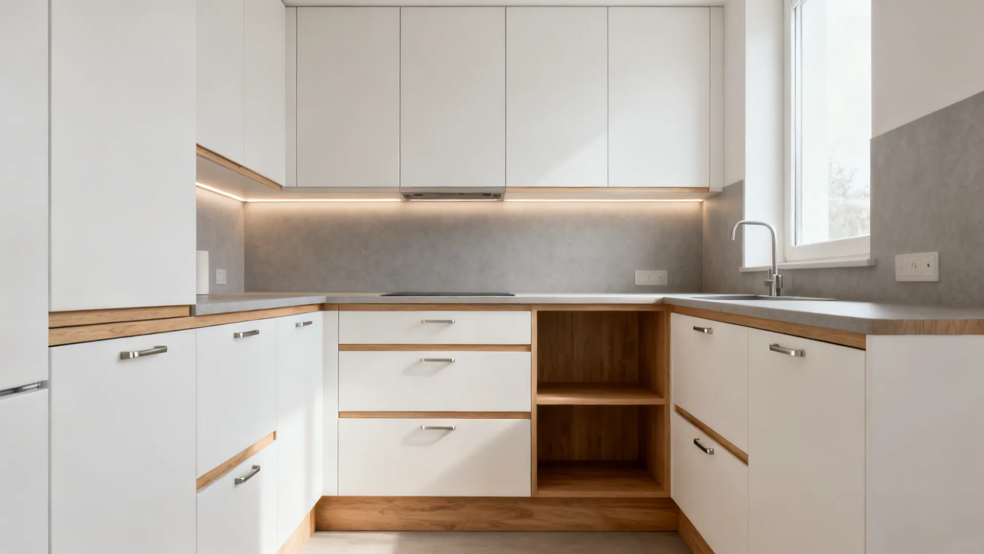 Small kitchen with matte white fronts and warm light oak accents under soft daylight.