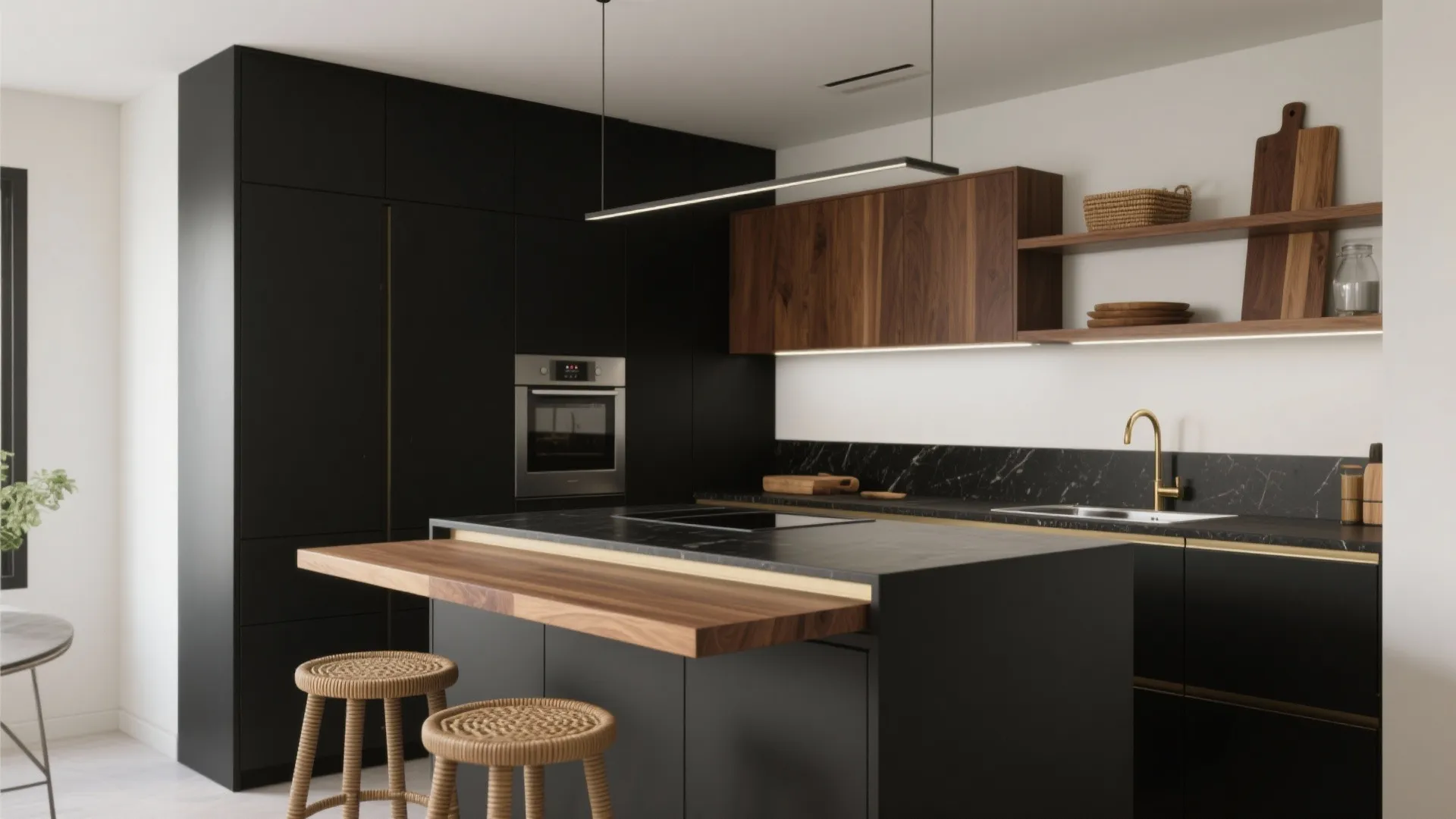 Matte black counters with oak trims, walnut shelves, and rattan stools in a cozy small kitchen.