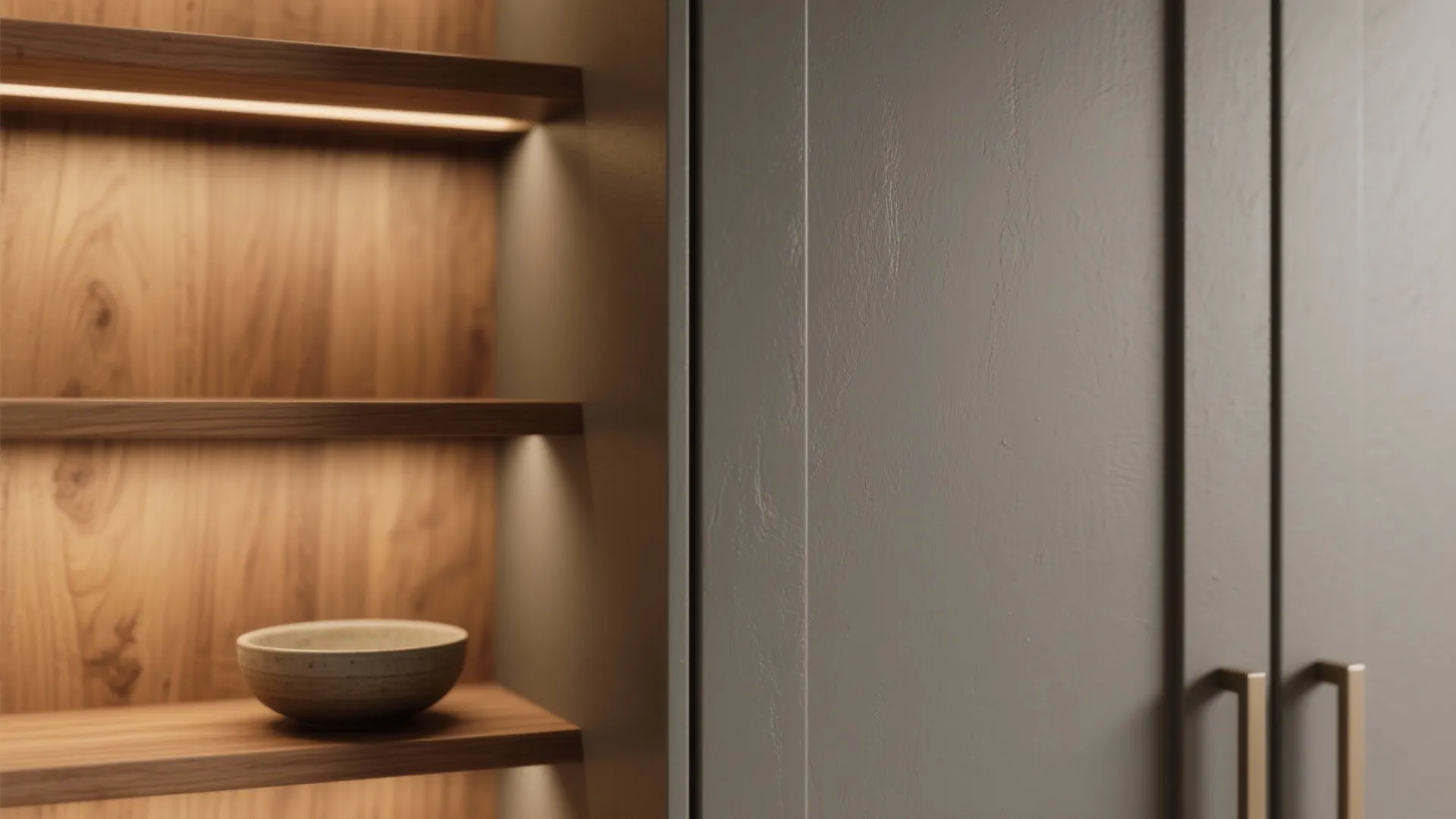 1. Matte Grey Brown with Warm Wood Accents