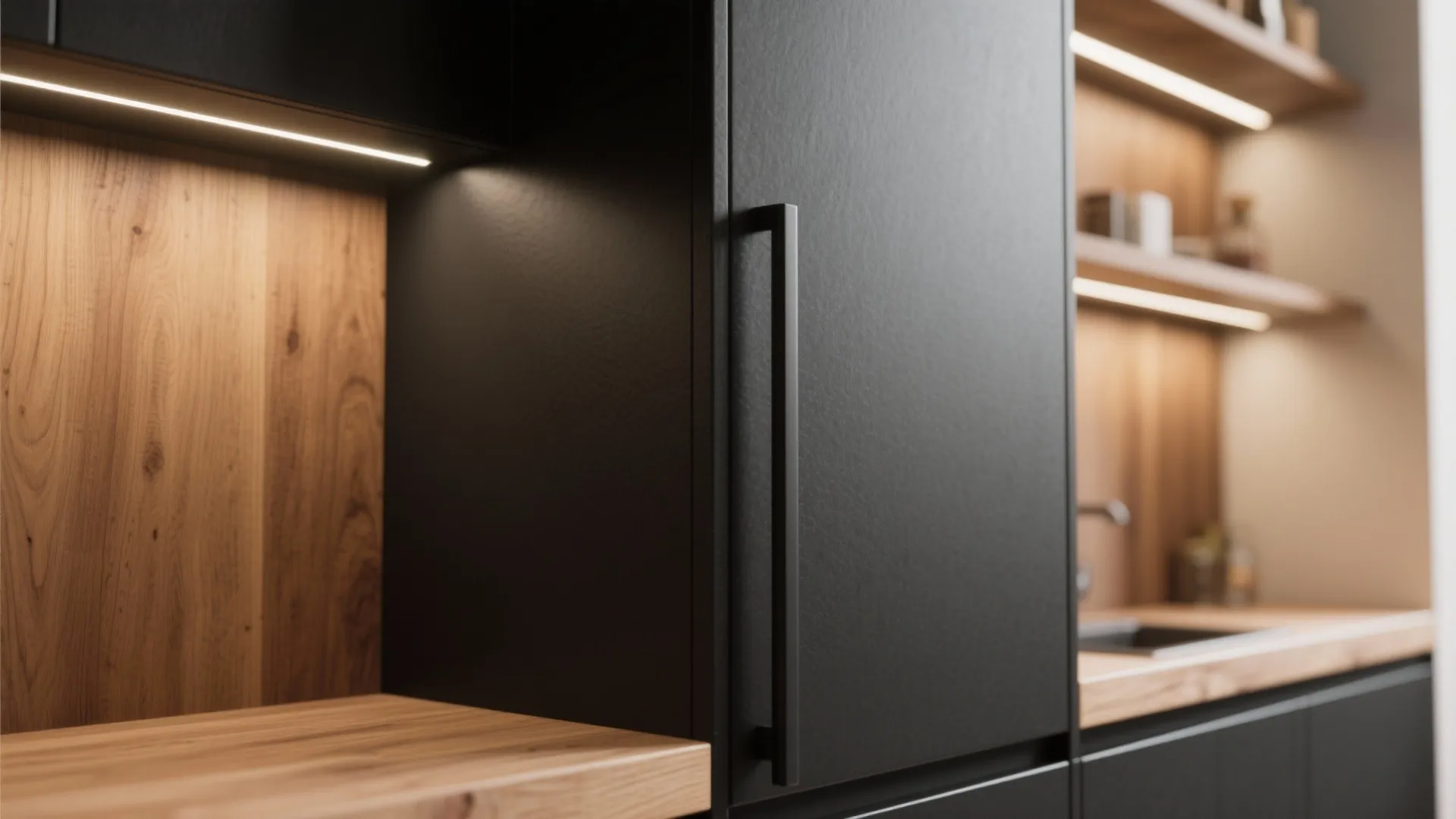 1. Matte black with warm wood accents