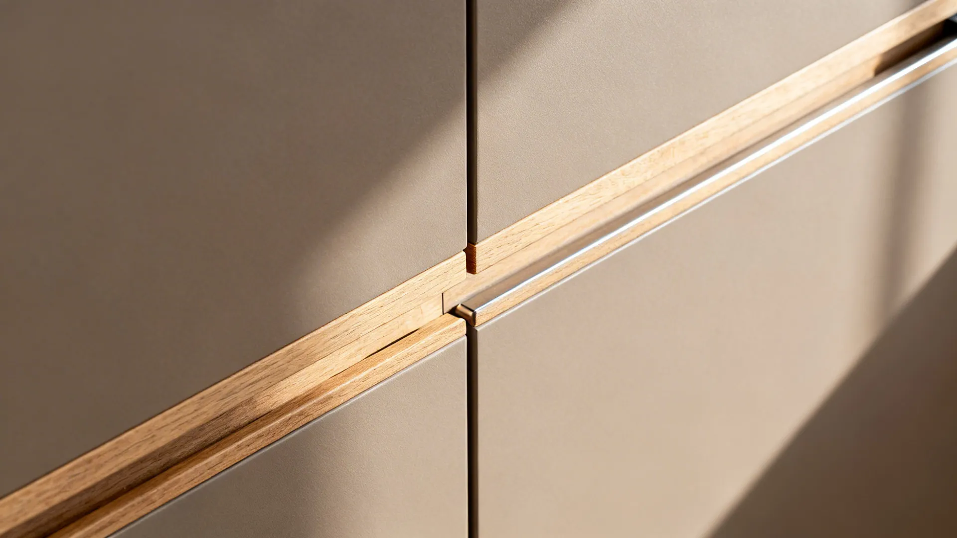 Close-up of matte taupe laminate door with ash wood trim and slim soft-close hardware.