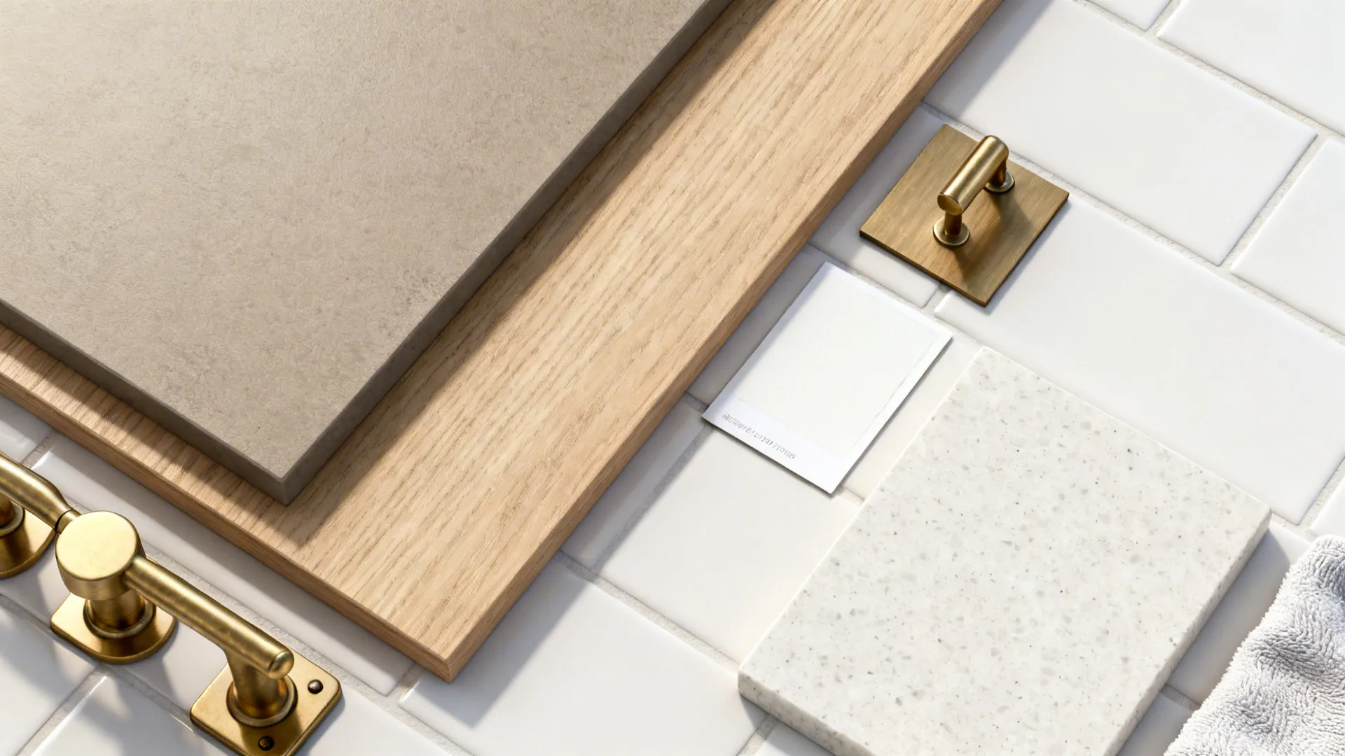 Top-down flat lay with matte taupe laminate, oak-look sample, brass hardware, and light countertop swatch.