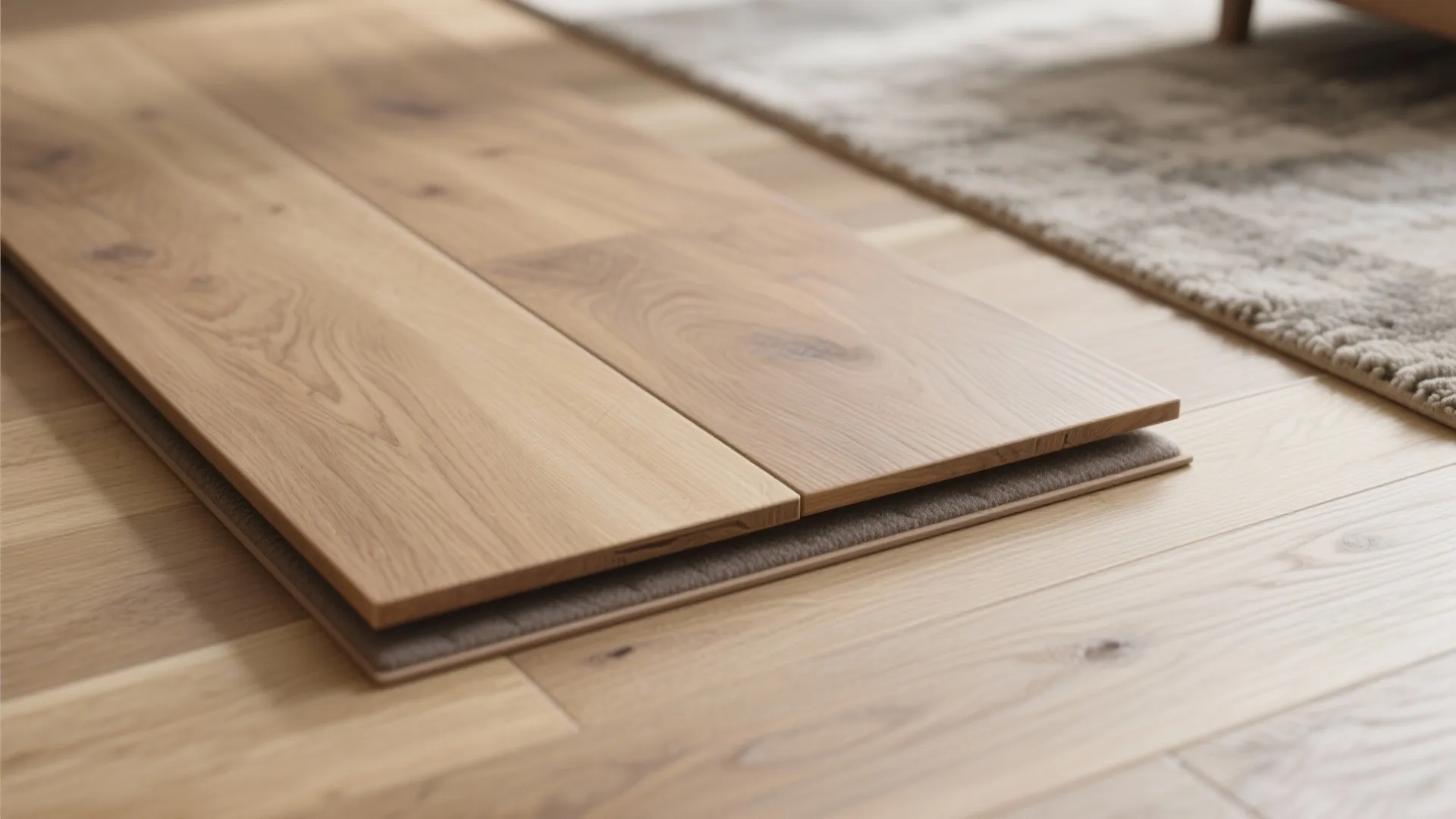 Close up of light brown wooden floor boards placed on top of a soft grey rug