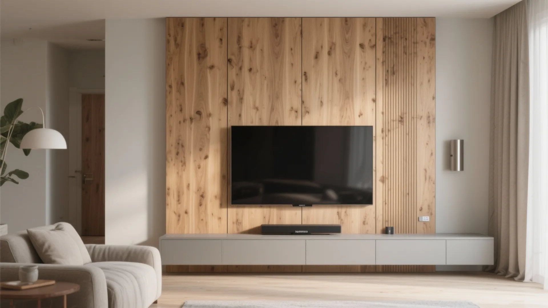 Modern living room featuring a television mounted on a natural wood wall panel with grey cabinet