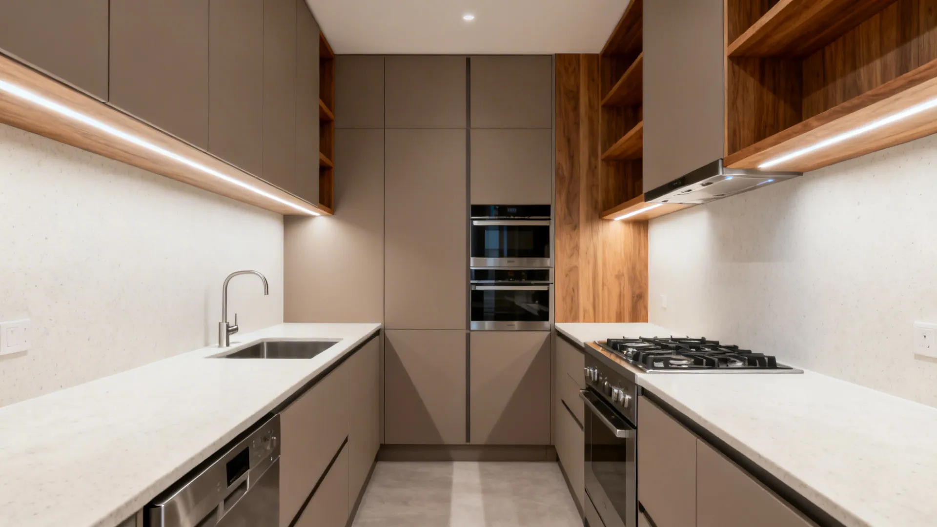 Parallel kitchen with matte taupe cabinets and warm wood accents under soft daylight.