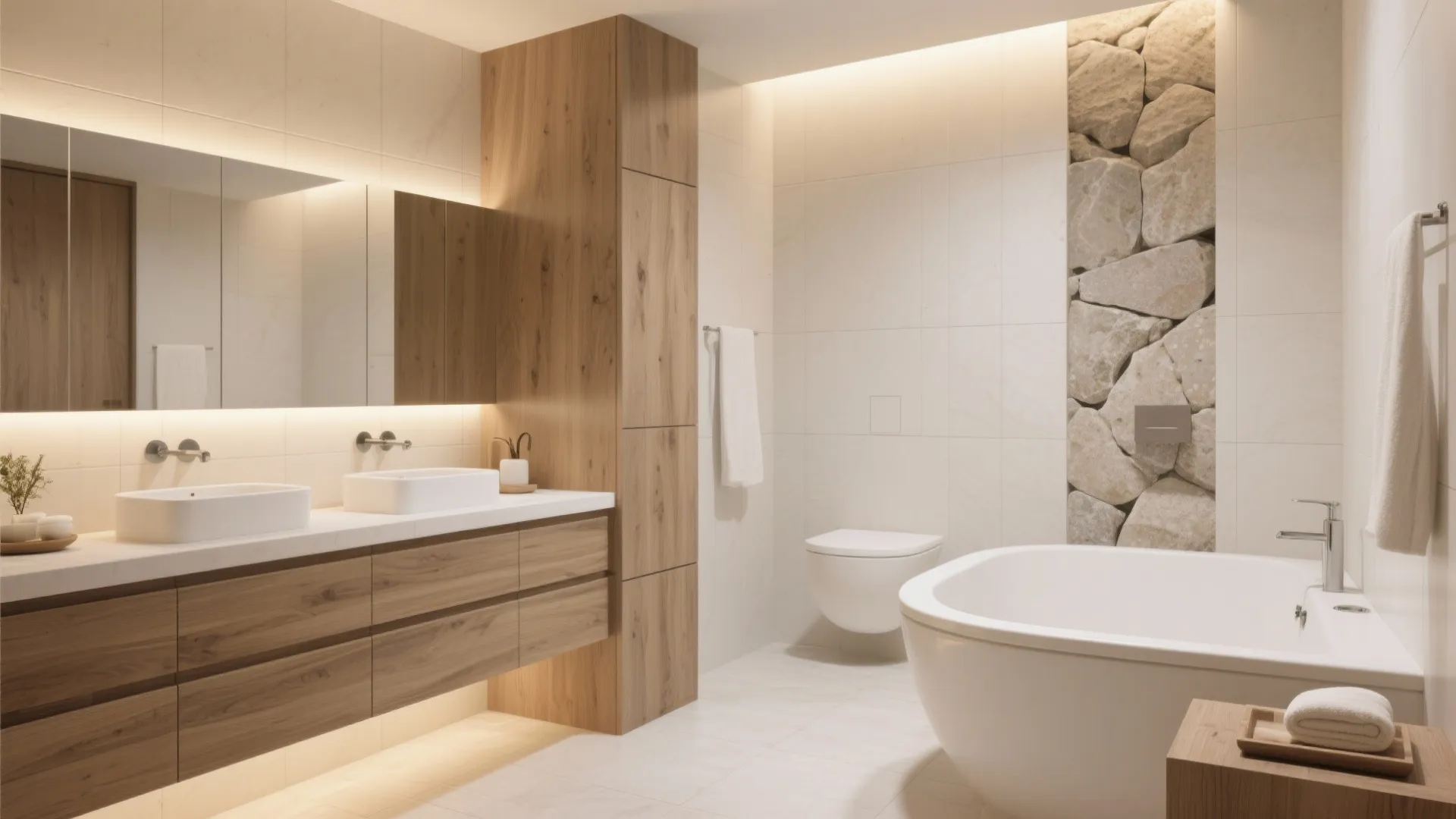 Luxury spa bathroom with double sinks, wooden cabinet, white bathtub, toilet, and stone wall detail