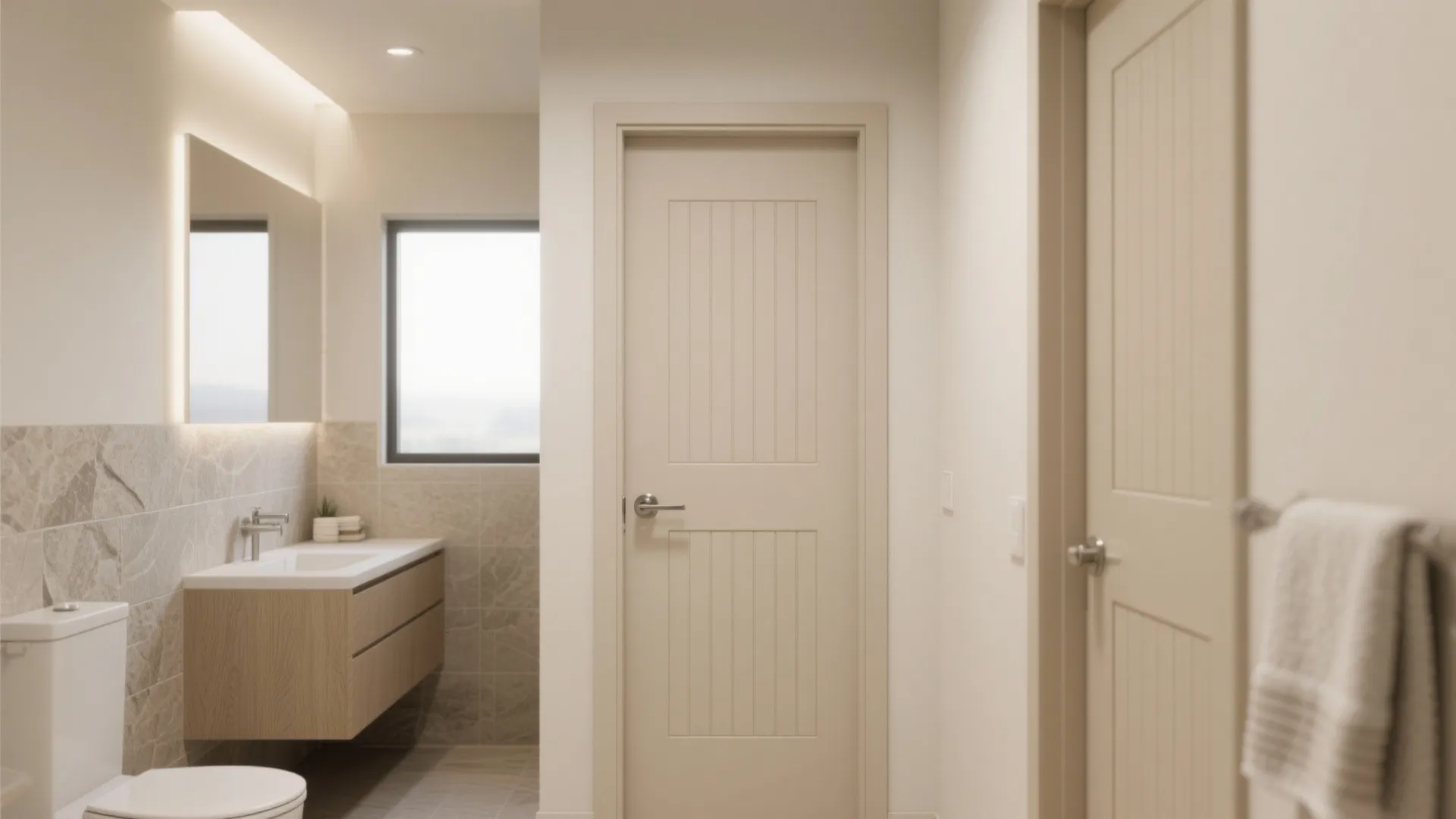 Modern bathroom interior featuring beige doors wooden cabinet white sink and grey stone wall tiles