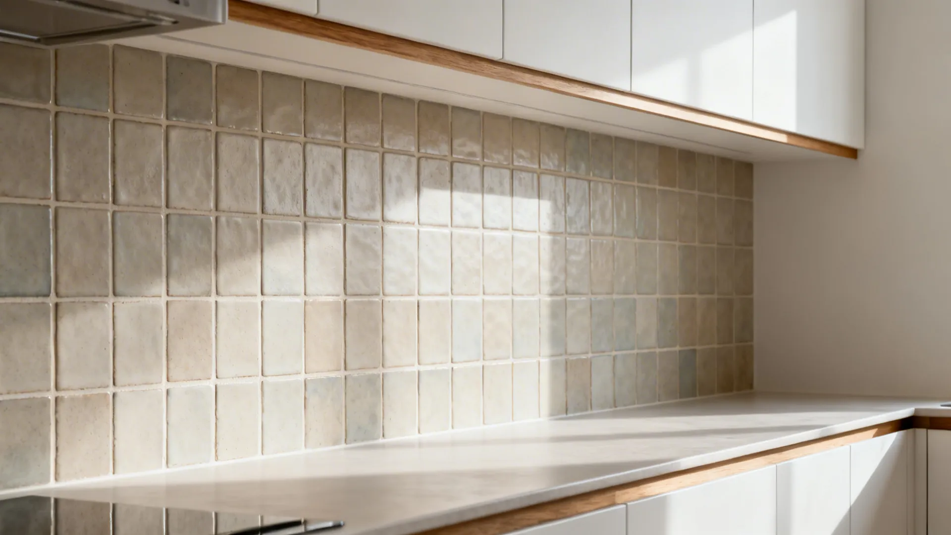 Matte zellige-style square tile backsplash with tonal variation in a small galley kitchen.
